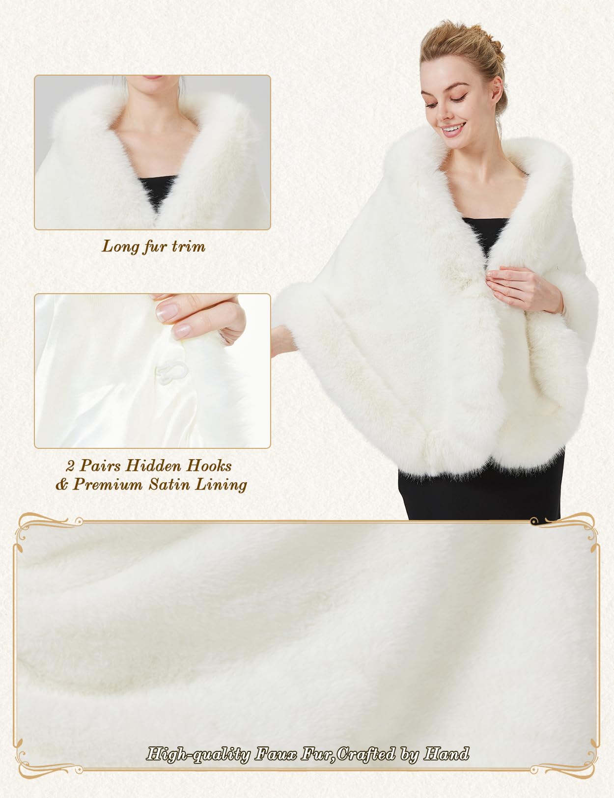 BEAUTELICATE Stola Schal Damen Kunstpelz Braut Jacke Bolero Pelz Brautschal Brautstola Schwarz Ivory für Winter Hochzeit Festlich 20er Jahre Abendkleid