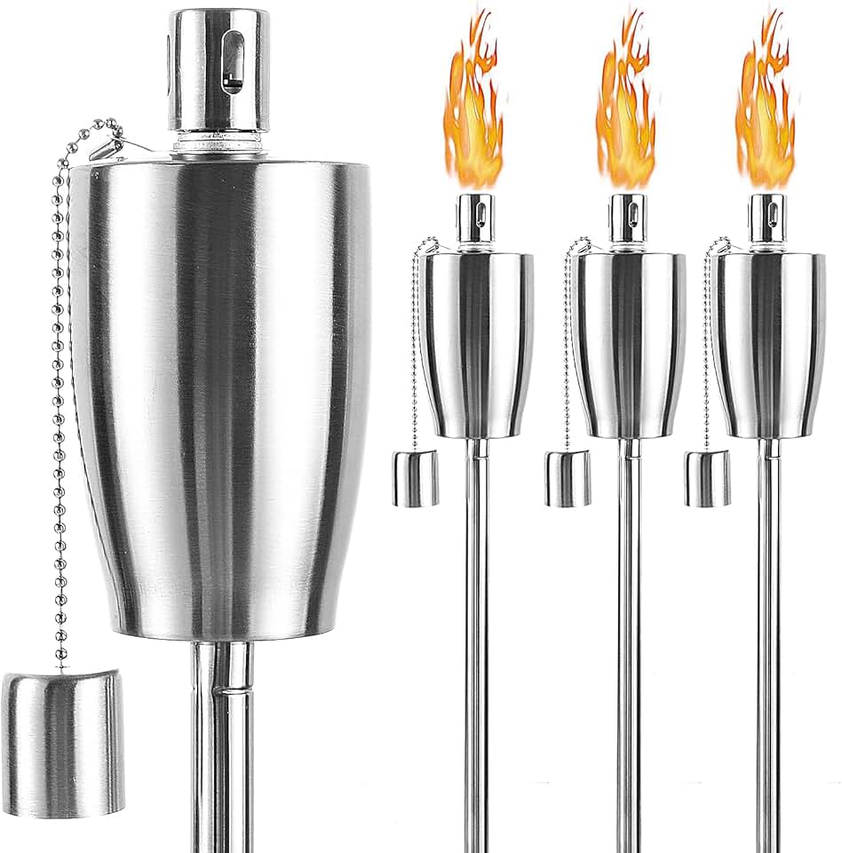 FAB BASED 55 Inch Outdoor Oil Torch Lamp–4 Pieces Rustproof Stainless Steel Citronella Torches, 11.16 oz, Includes Funnel &amp; Fiberglass Wicks for Patio Garden Backyard (Ecru)