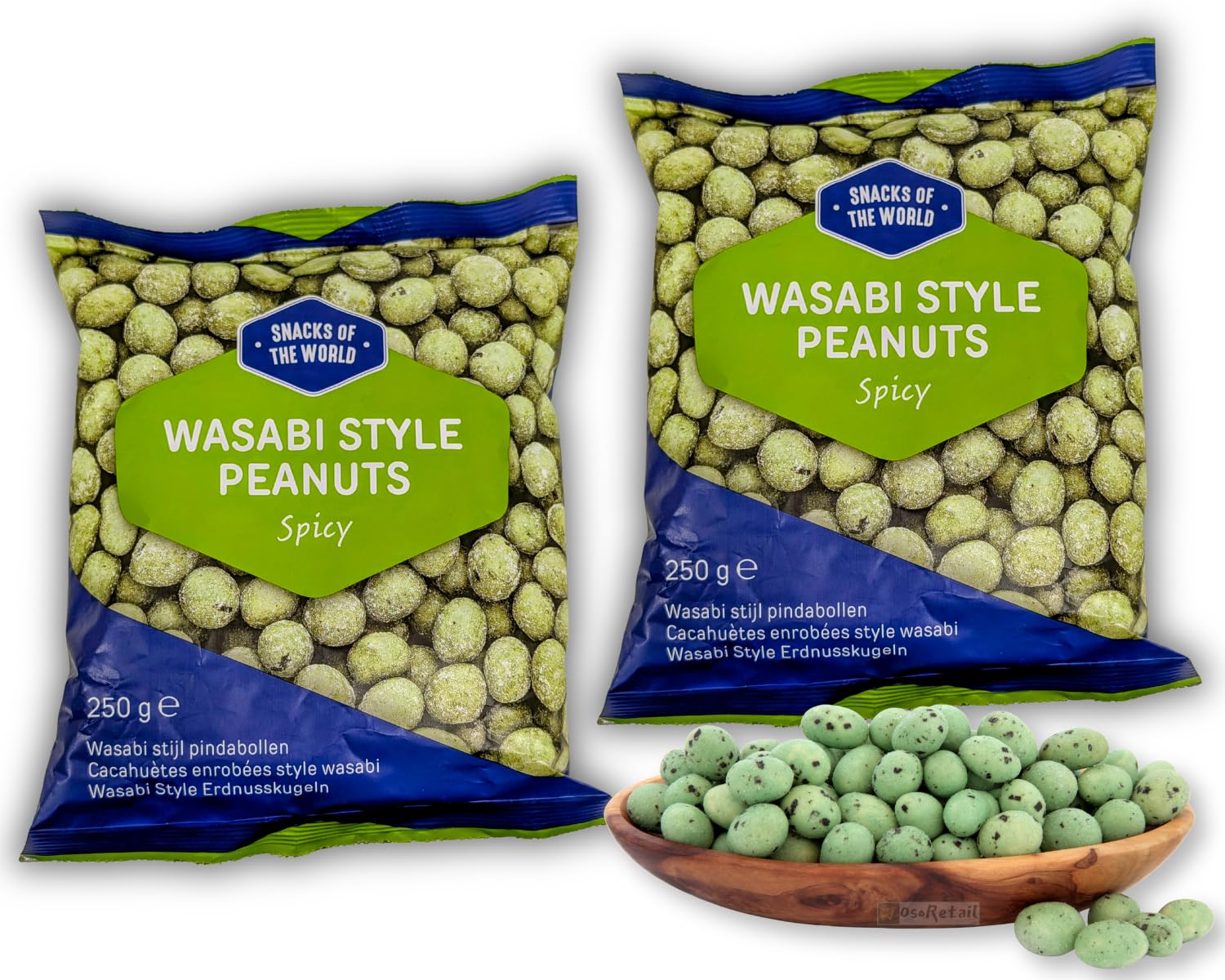 Pack 2×250 g Wasabi Style Peanuts “Snacks of the World” – Cacahuetes crujientes recubiertos de wasabi picante | Snack oriental premium, bolsa grande resellable