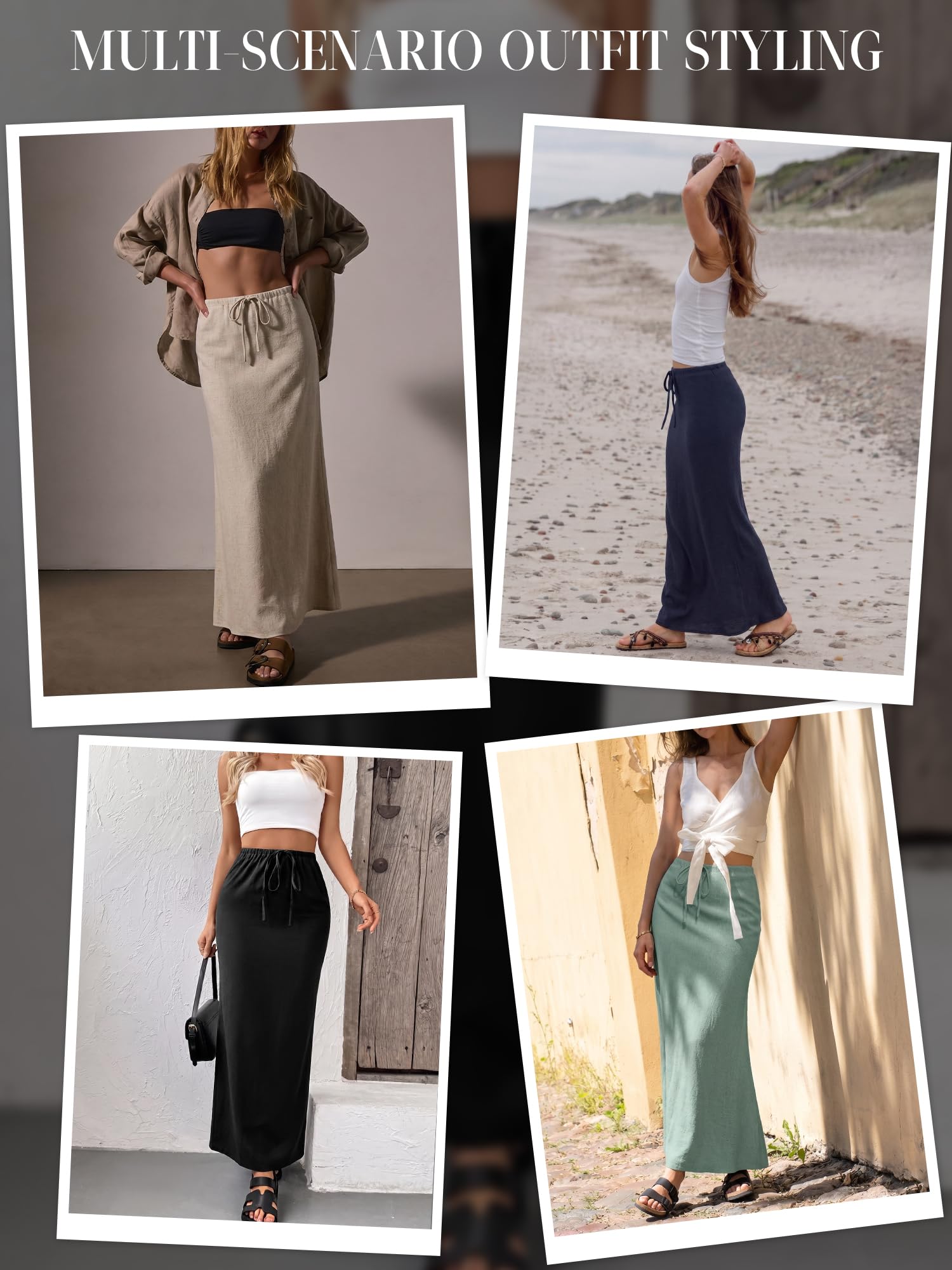 ELLEVEN Maxi gonna svasata in lino con spacco posteriore - Gonna lunga fluida alla caviglia con coulisse in vita elastica