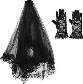 Black Lace Veil with Gloves for Women, 2 Tier Gothic Wedding Veil with Metal Comb, Cathedral Length Halloween Style for Bride Costume, Bride Accessory for Party and Cosplay