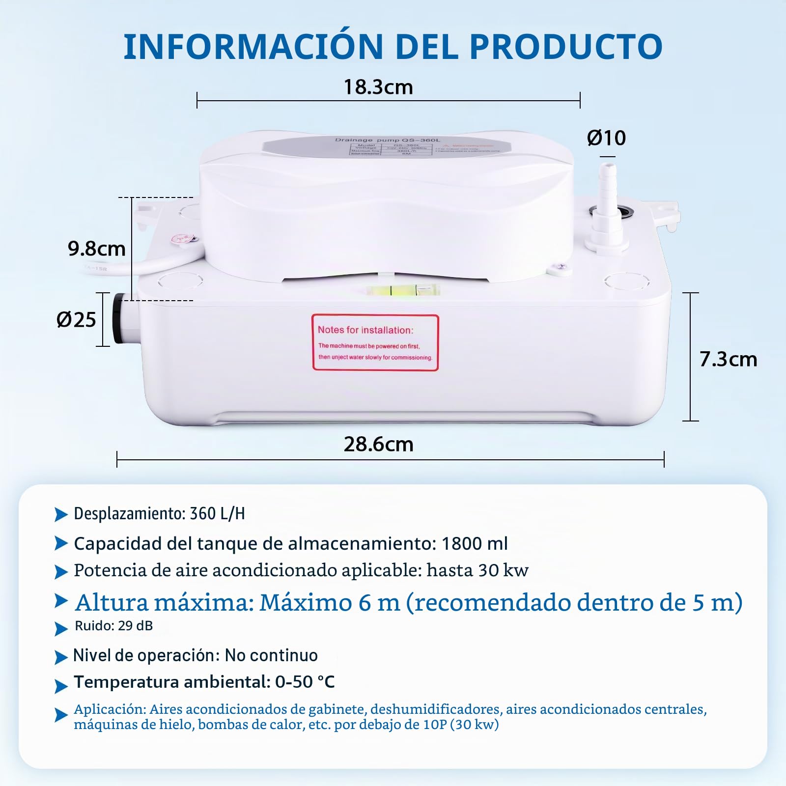 BAOSHISHAN Bomba de drenaje de aire acondicionado Bomba de drenaje de condensados 360L/h para máquinas de armarios Menos de 30 kilovatios/Heladoras/Deshumidificadores/Refrigeradores