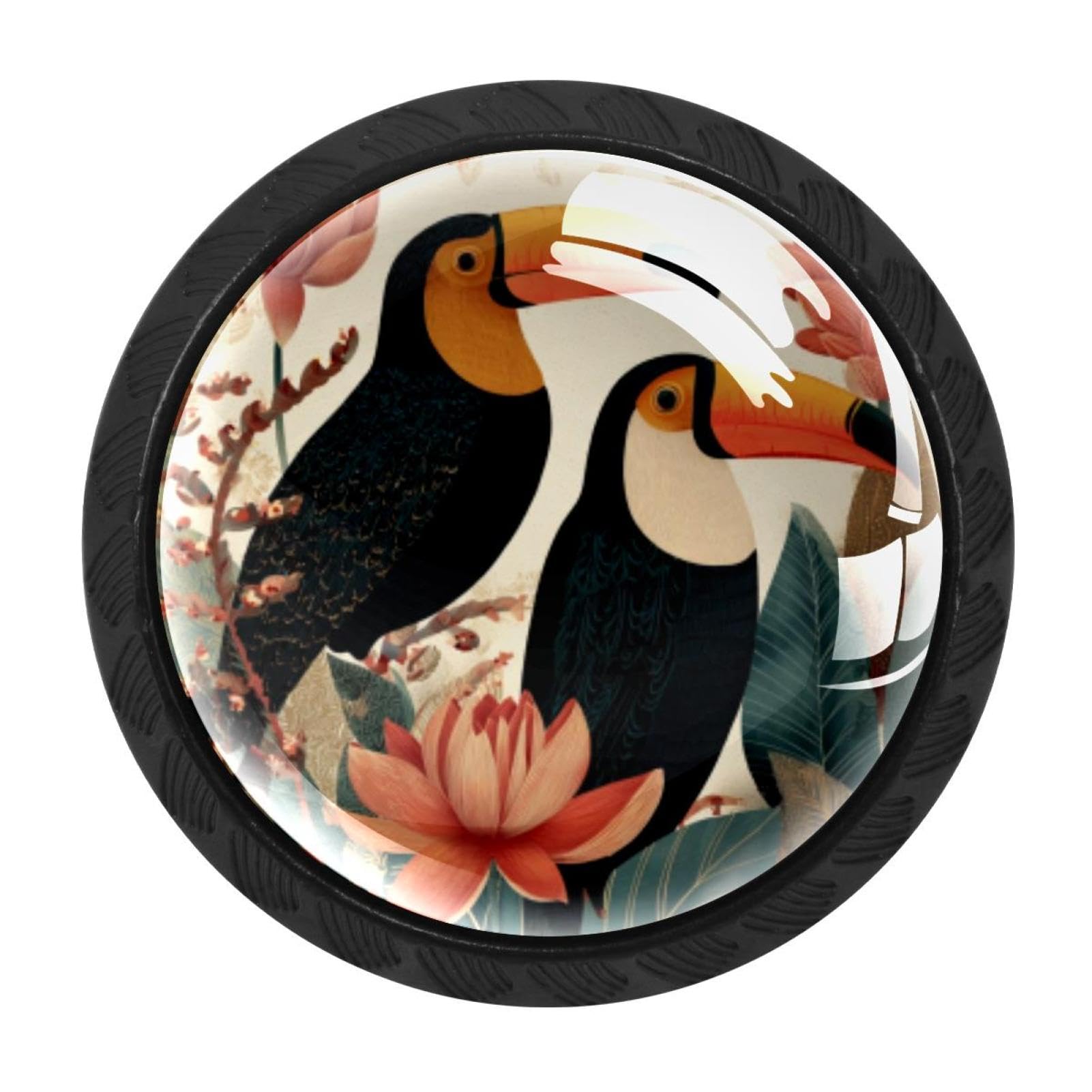 CHENZZZZ 4 Pieces Black Cabinet Pull Handle with Screws,Birds Tropical Toucans (3) Kitchen Knobs, Hardware for Cupboard Drawer Dresser