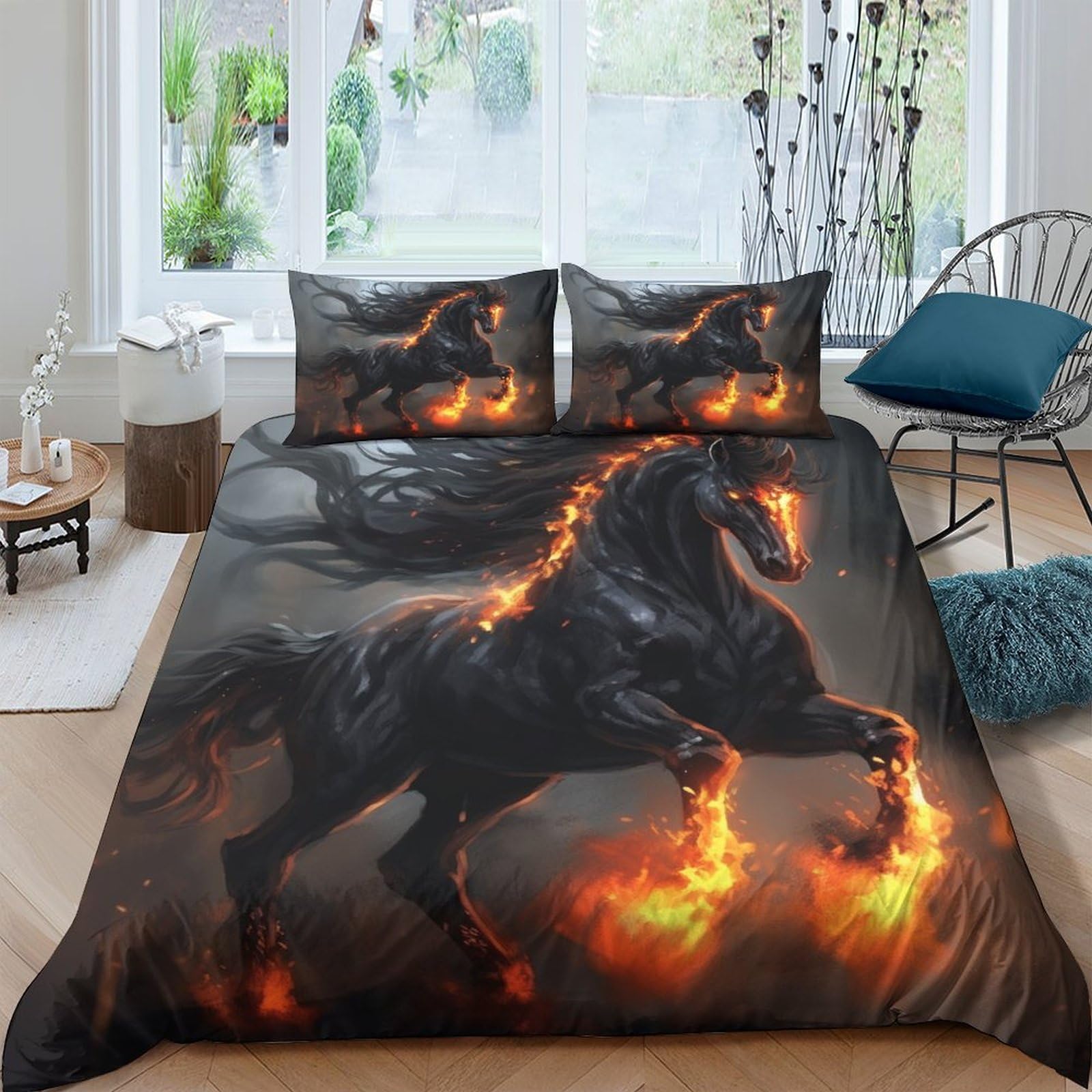 GOOSMI Flaming Horse Duvet Cover Quilt Cover 3D Print Black Horse for Teens And Adults Comforter Covers Soft Microfiber Bedding Set with Pillow Cases with Zipper Closure 3 Pieces King（220x240cm）