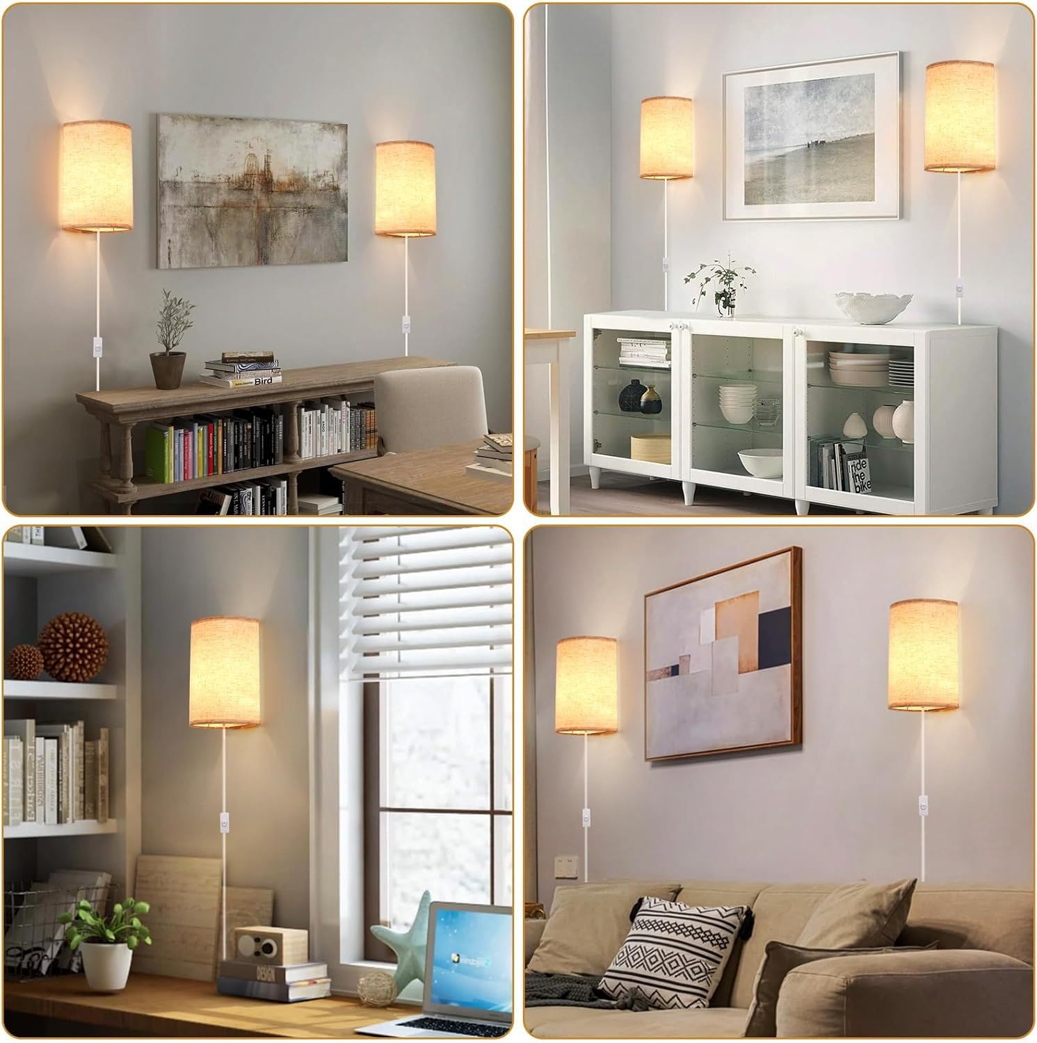 EaEa Stoff Wandlampe mit Stecker und Schalter, Innen Vintage Wandleuchte mit Kabel, Leinen Lampenschirm, UP&Down Lichteffekt, E27 Nachttischlampe Wand Retro Lampe für Wohnzimmer Schlafzimmer,2pack