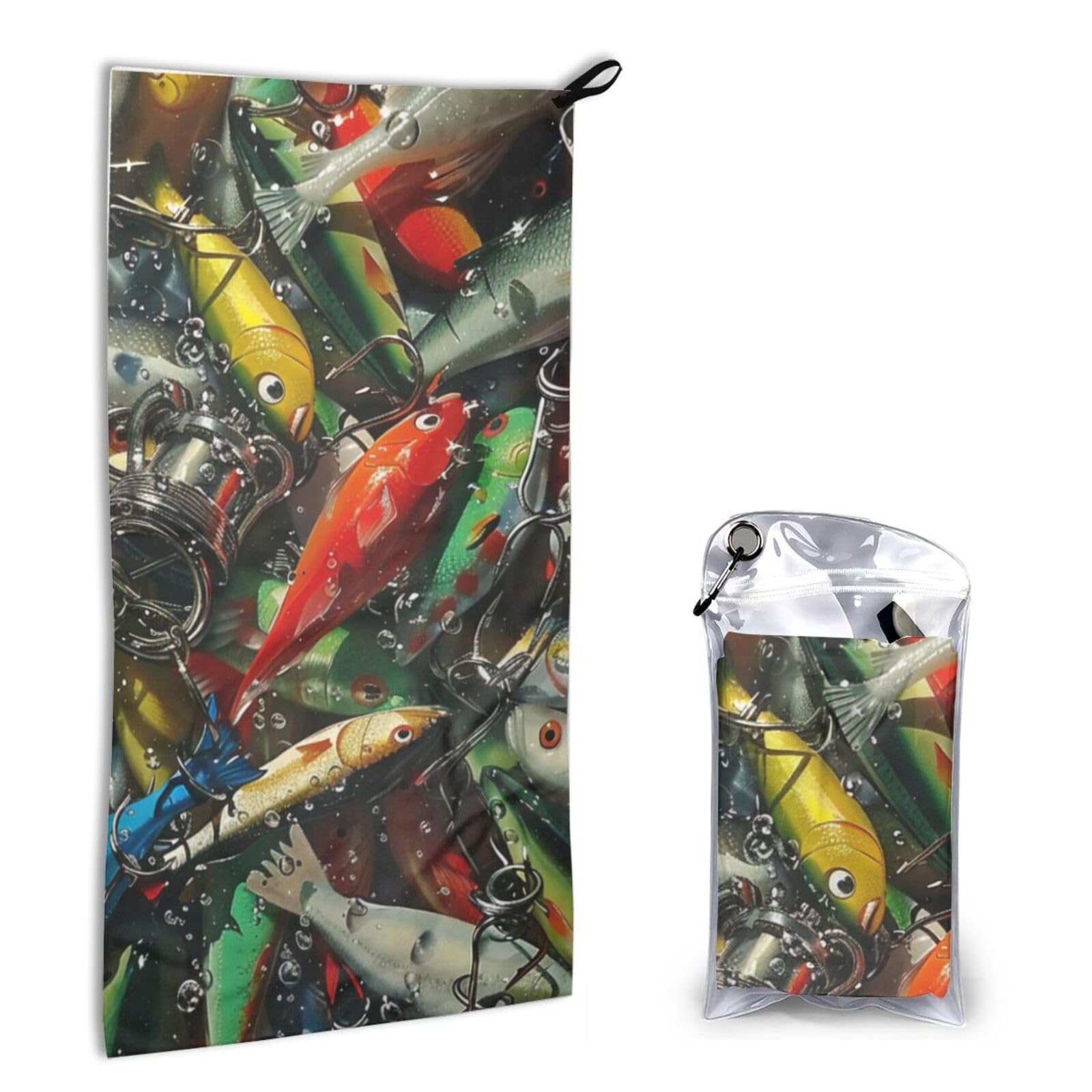 BWWHCCTI Quick Dry Hand Towel With Bag - Fishing Bait Printed Super Absorbent Face Cloth Microfiber Travel Sports Towels 40x80cm