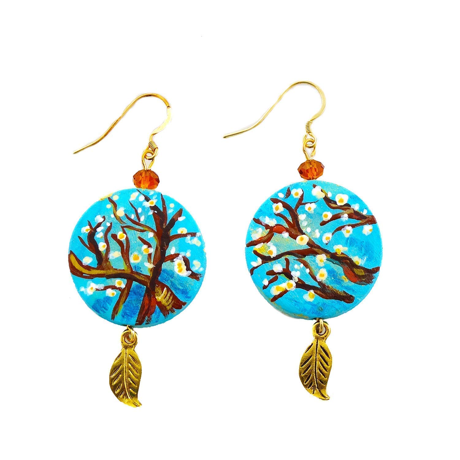 Boucles d'oreilles peintes à la main - L' AMANDIER TABLEAU CÉLÈBRE - Boucles d'oreilles pour femmes, Bijoux en bois peint, Crochet en argent, Made in Italy, Bijoux, Artisanat