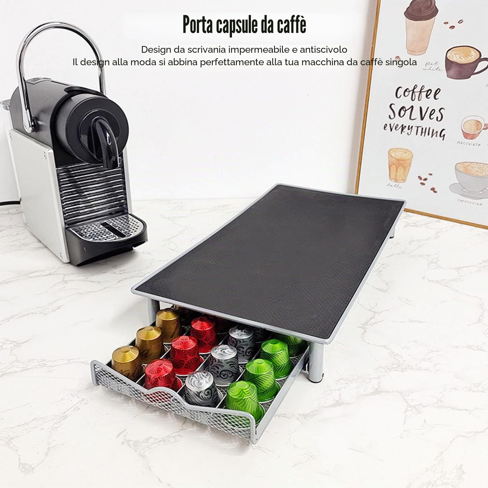 Cassetto Portaoggetti per Capsule, Porta caffè in Metallo, Organizer per Cialde a più Gusti, capacità 40 Pezzi per Negozio di Casa (Grigio)