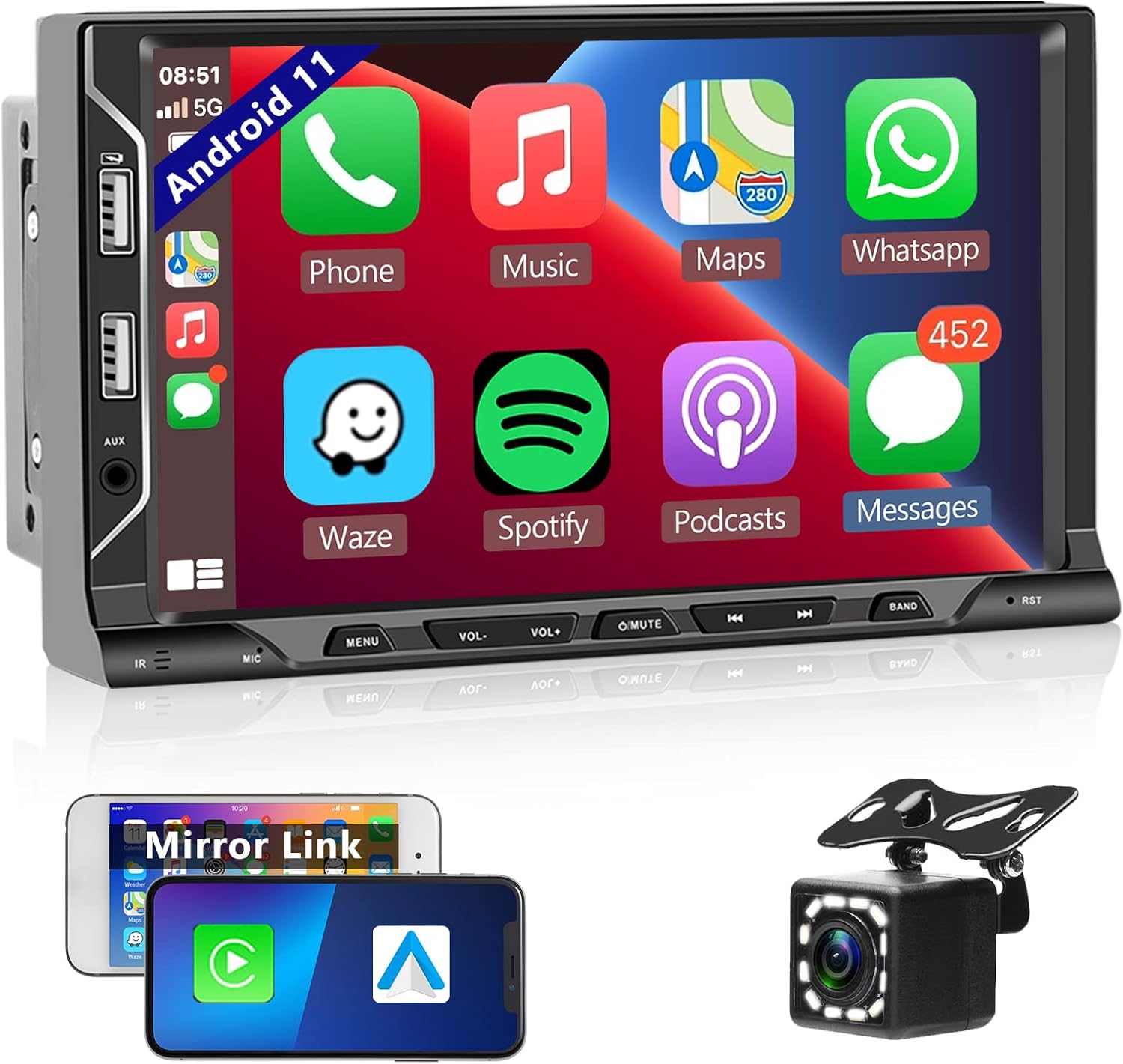 android 11 carplay double din bluetooth car stereo android auto 7 inch touchscreen car audio receivers support gps mirrorlink backup camera aux