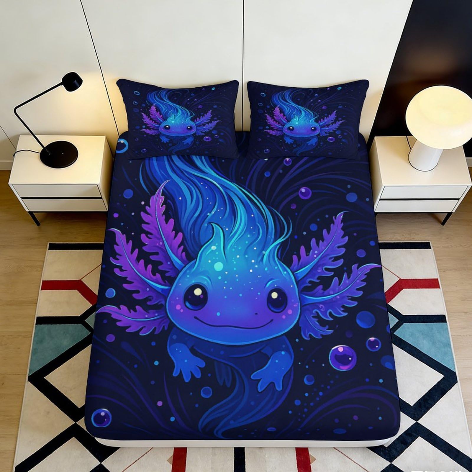 3D Printed Blue Axolotl Fitted Sheet Microfiber Soft Cartoon Underwater Bed Cover for Bedroom Dorm Mattress Decor 90x200x25cm