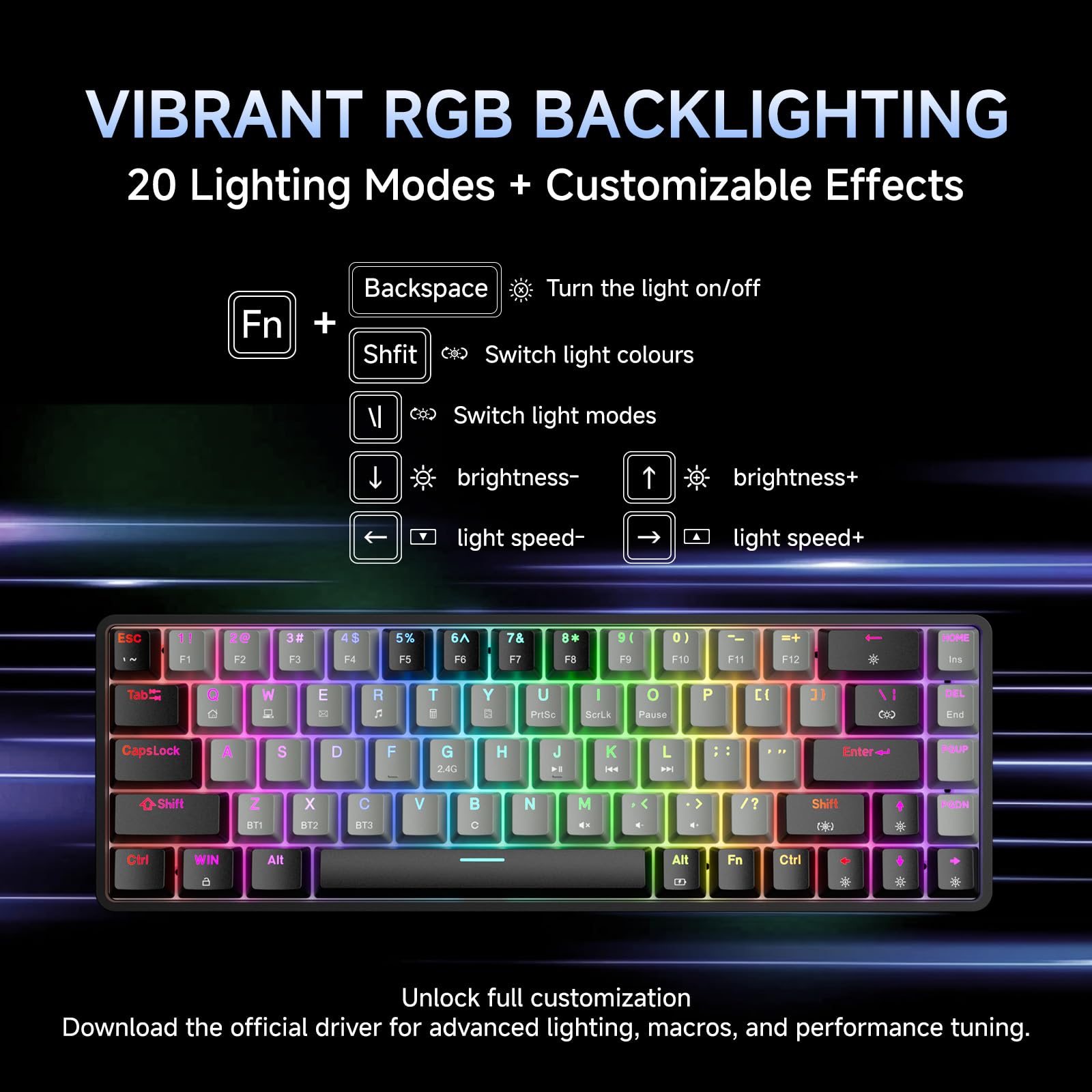 Dierya DK68 Tastiera Gaming Wireless,60% Tastiera Meccanica Bluetooth/2.4G/USB-C RGB,Interruttore Rosso,Double-Shot ABS Keycaps Compatibile con Win/Mac,Grigio nero-A(Layout US,QWERTY)