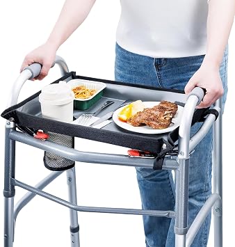 Walker Tray for Folding Walker, Tray for Walkers for Seniors, Universal Walker Tray with Cup Holder, Raised Rim, Waterproof, Load-Bearing Capacity 10 lbs Fits Most Standard Folding Walkers