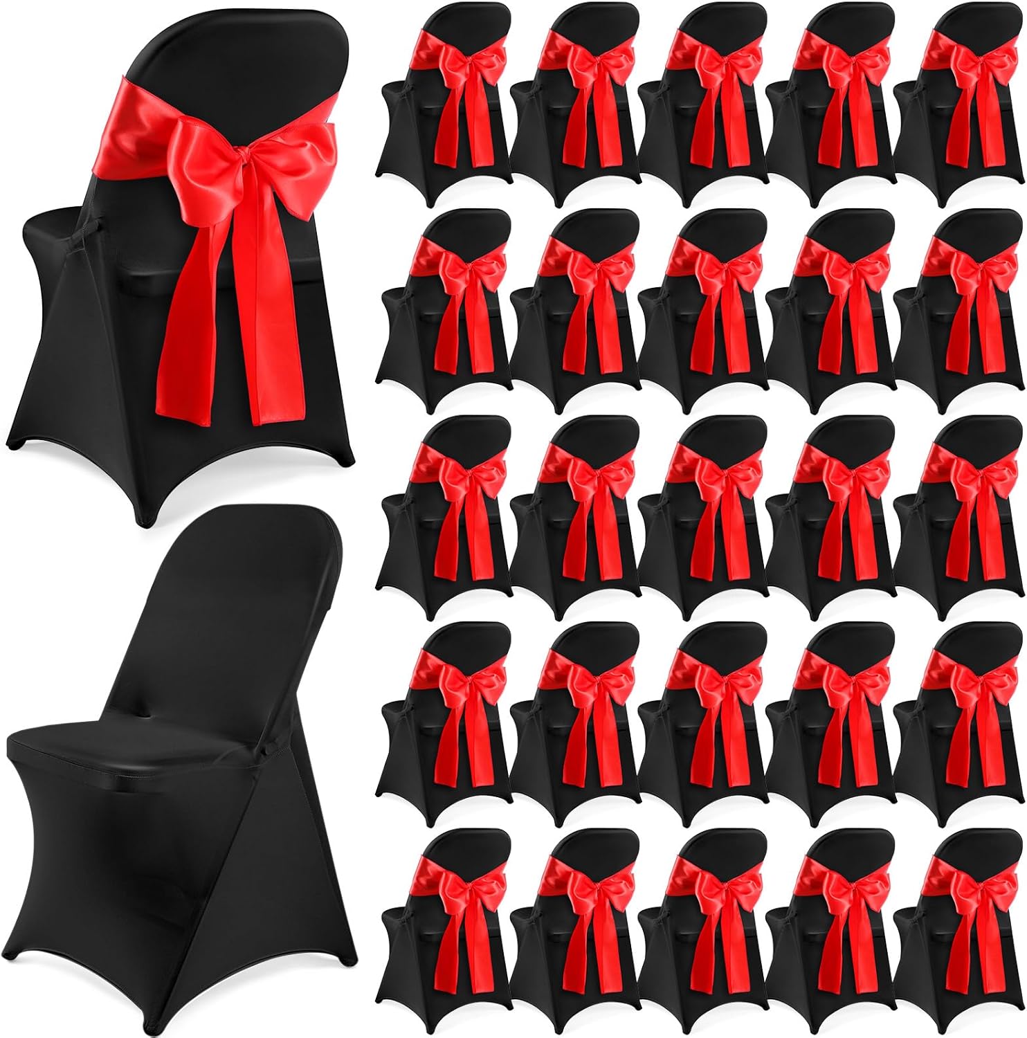 Lounsweer 50 Pcs Folding Chair Cover Set with 25 Stretch Spandex Slipcovers 25 Satin Chair Sashes Bows Ribbon Washable Banquet Protector for Wedding Event Party(Black, Red)