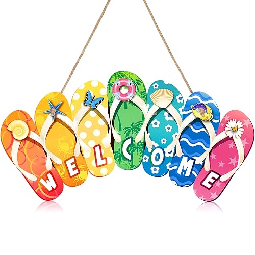Summer Slippers Hanging Sign Shape Welcome Hello Flip Flop Wooden