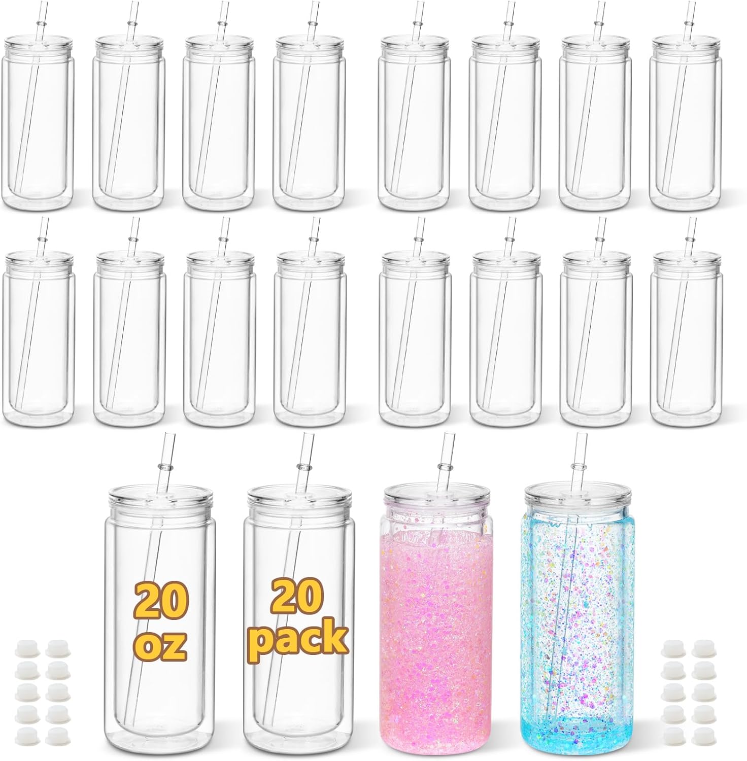 20 Oz Acrylic Snow Globe Tumbler, 20 Pack Pre-Drilled Double Wall Plastic Snowglobe Cup for Glitter Snow Globe Diy, with Clear Lid
