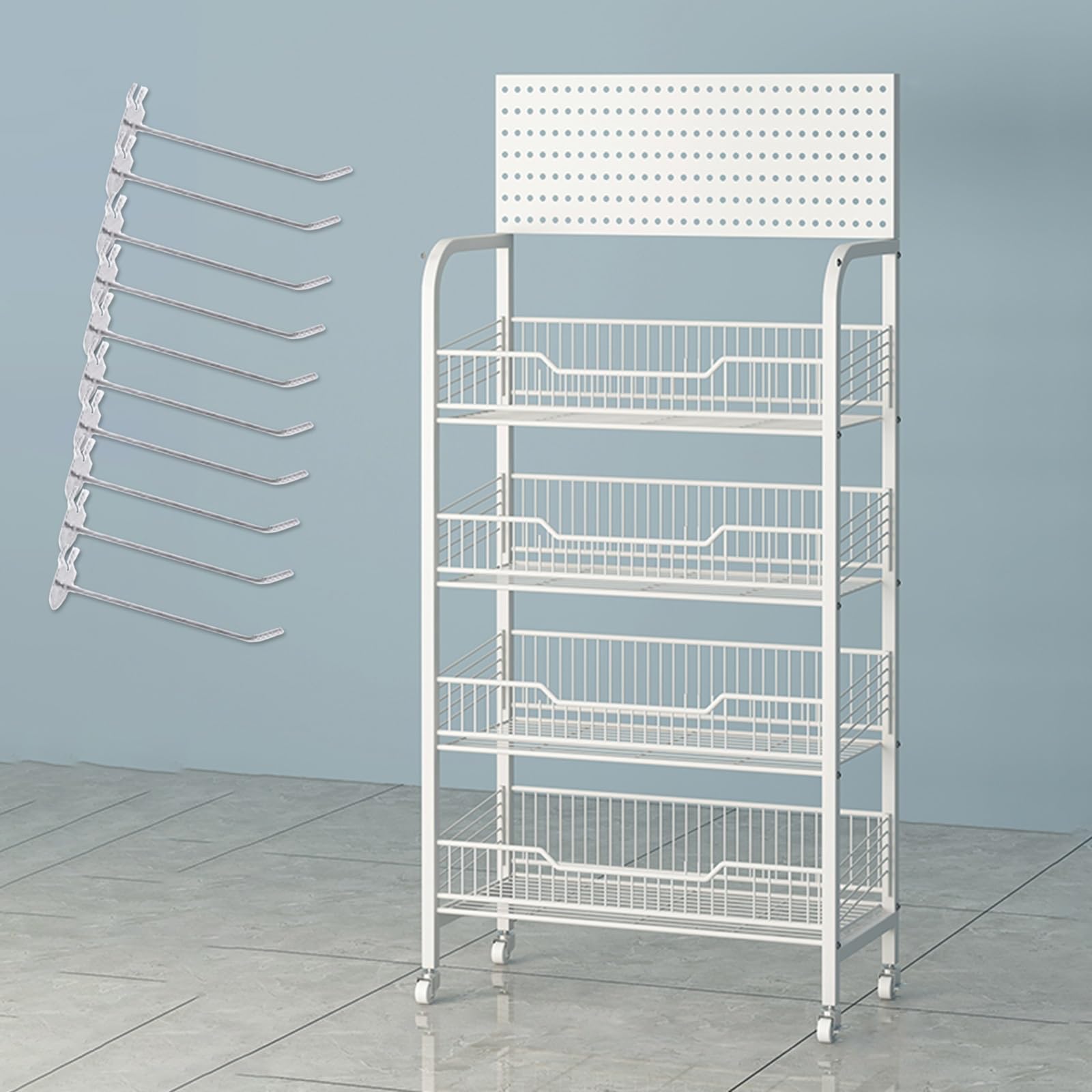 METTEOR Supermarket Shelf Display Rack with Hanging Hook, Rolling Convenience Store Snacks Organizer Cart for Candy/Canned Food/Potato Chips/Drinks,Merchandise Display Shelves(White,4 tie (White 4