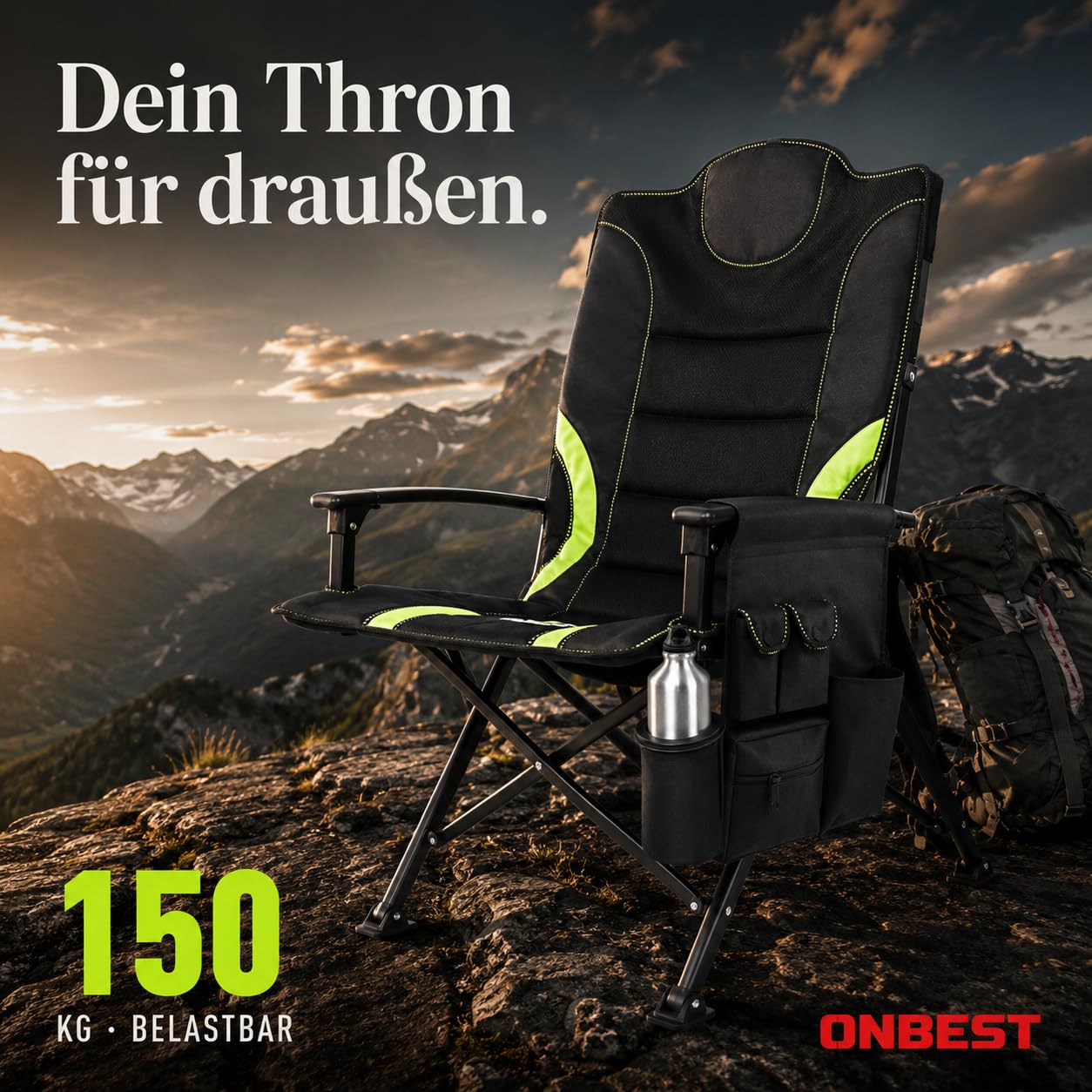 Onbest Campingstuhl faltbar – Hochlehner bis 150 kg, Schwarz/Grün