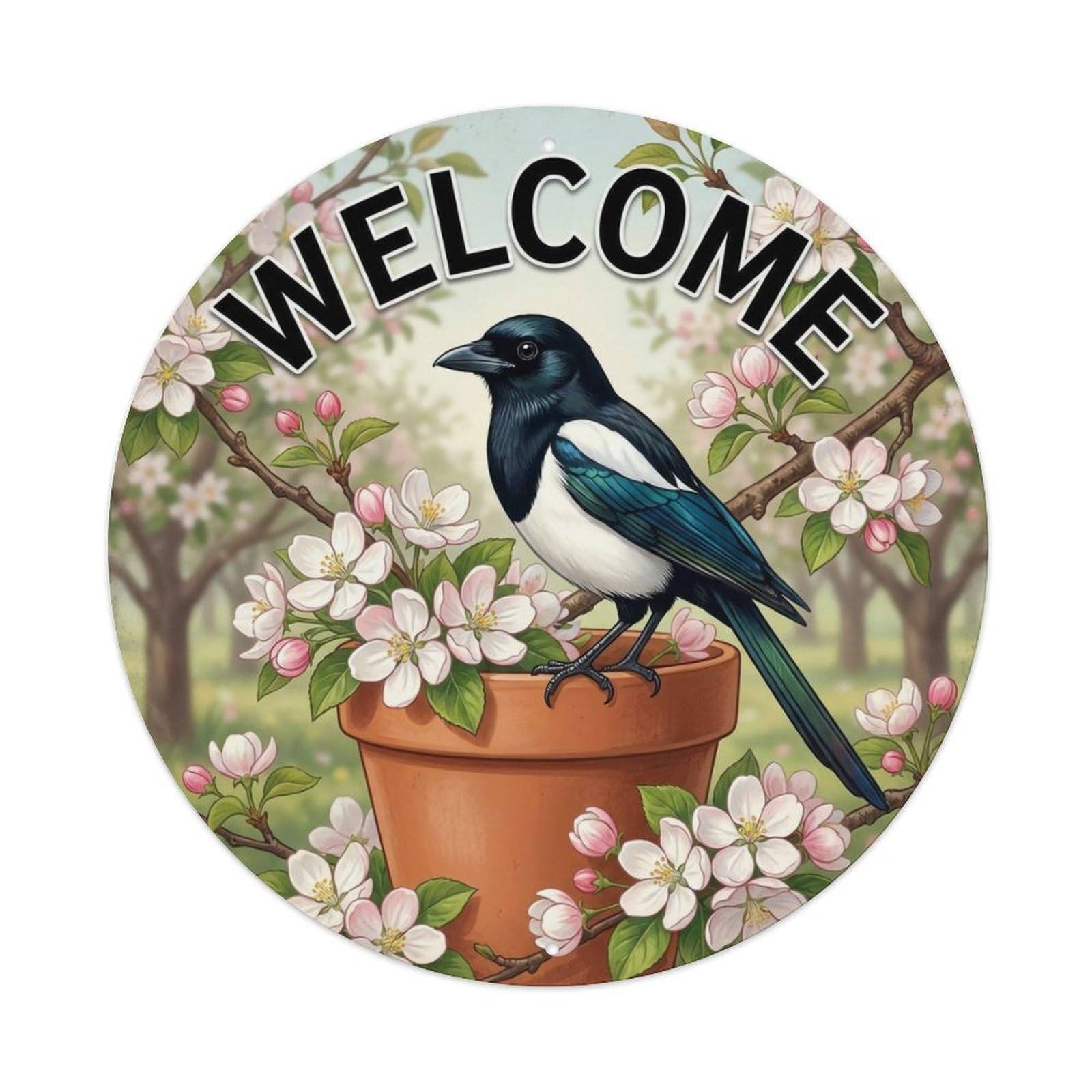 Okahys 8X8inch(20X20cm) Welcome Magpie Orchard Branch Metal Tin Sign