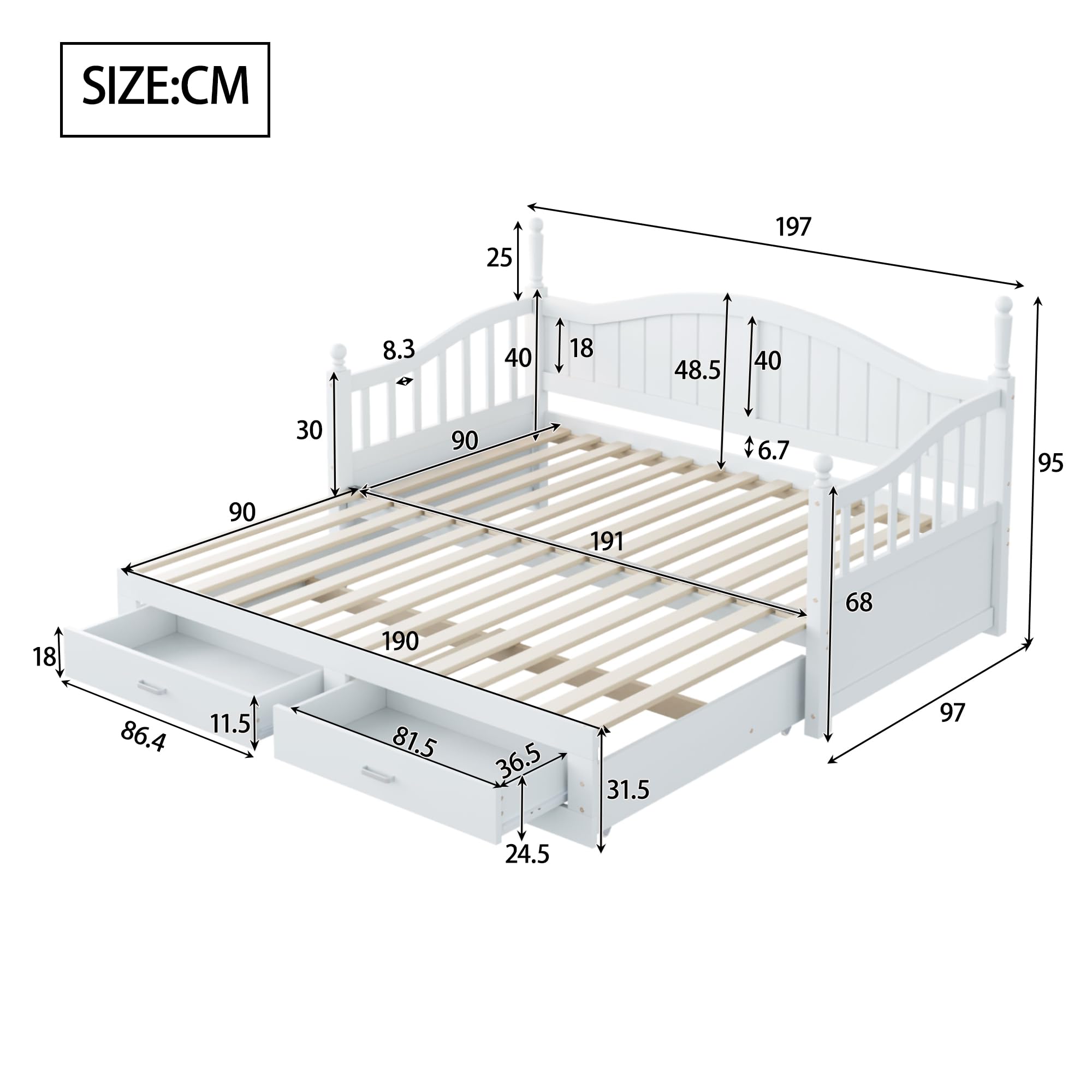 Sofá Cama Extensible de Madera Maciza, Cama Nido 90/180 * 190 cm, Cama Plegable, Cama con cajones, Cama Plegable, Cama Multifuncional de Madera de Pino