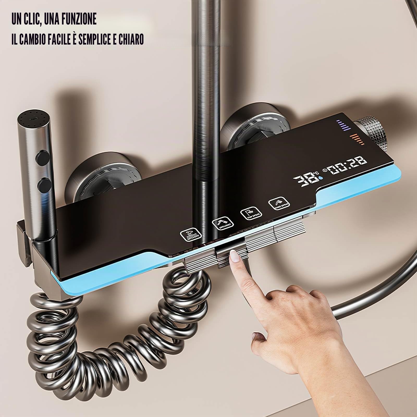 LED Display Digitale Colonna Doccia Termostatica, 80-120 cm Barra Doccia Altezza Regolabile, Colonna Doccia Con Testa Doccia 20 x 30 cm, 3 Miscelatore Doccia Con Piano (B)