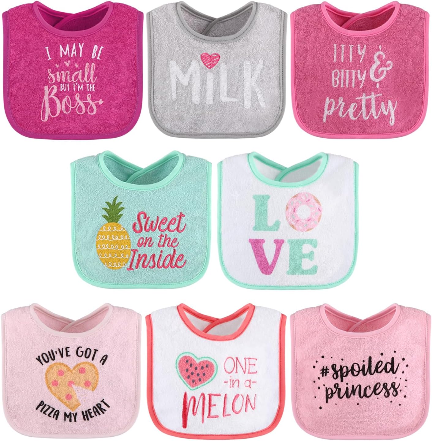 Baby Girl Terry Bib Set of 8-100% Cotton, Soft, Absorbent Baby Bibs, Toddler Girl Set, Newborn & Infant Bib - Pink