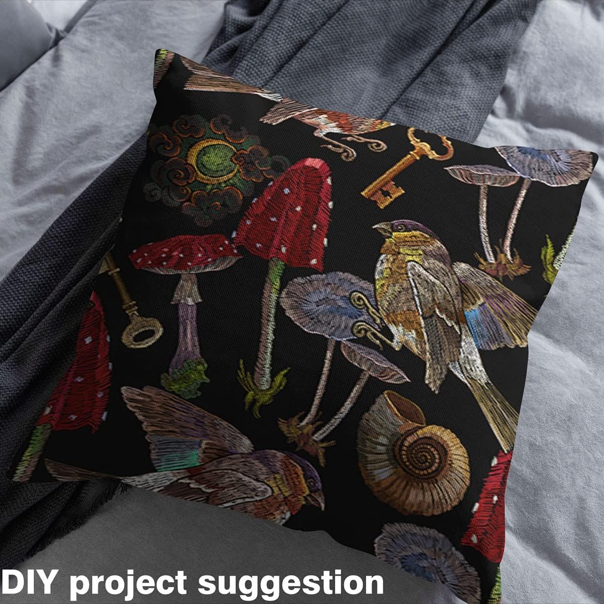 Trippy Mushroom Fabric by The Yard Bohemia Moon Golden Key Cloudy Sky Soft Flannel Polyester Sewing Craft Embroidery Bird Rustic Plants DIY Sewing Fabric for Sofa Chair Kids Bedroom Decor,2 Yards