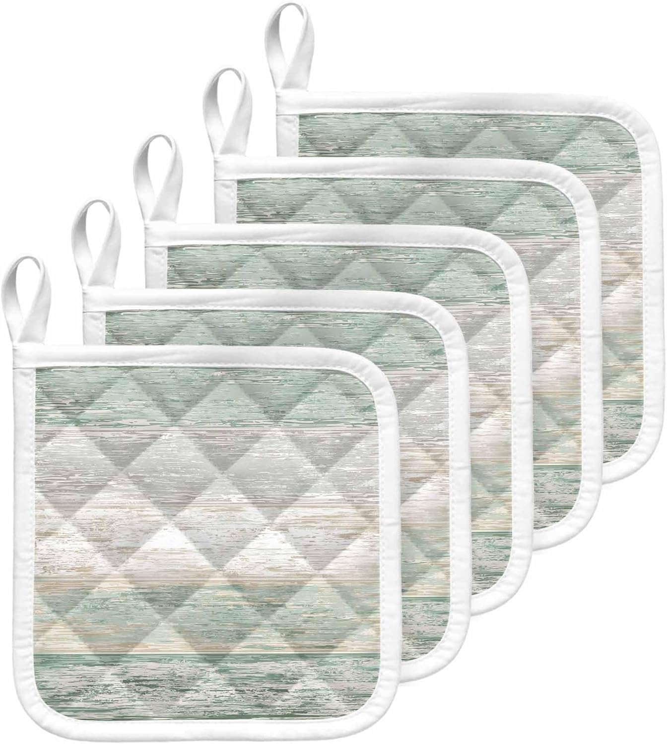 Vintage Sage Green Grey Pot Holders for Kitchen Heat Insulation, Farmhouse Barn Wooden Striped Potholders Hot Pads with Hanging Loop, Washable Oven Mitts Pot Holder Trivet for Cooking Baking 5 Pack