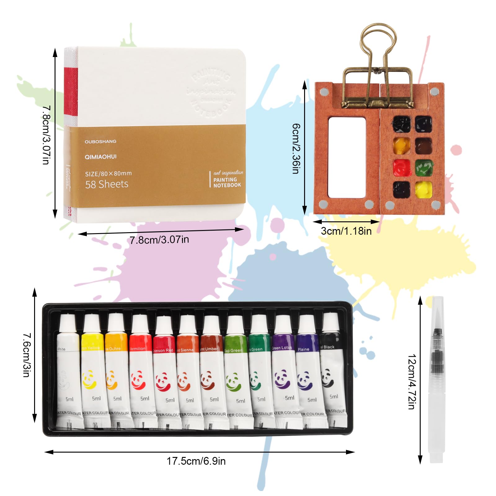 Mini set da viaggio ad acquerello, set di 8 griglie, tavolozza portatile in legno, per artisti, studenti, con carta ad acquerello, pennello, pennello, clip