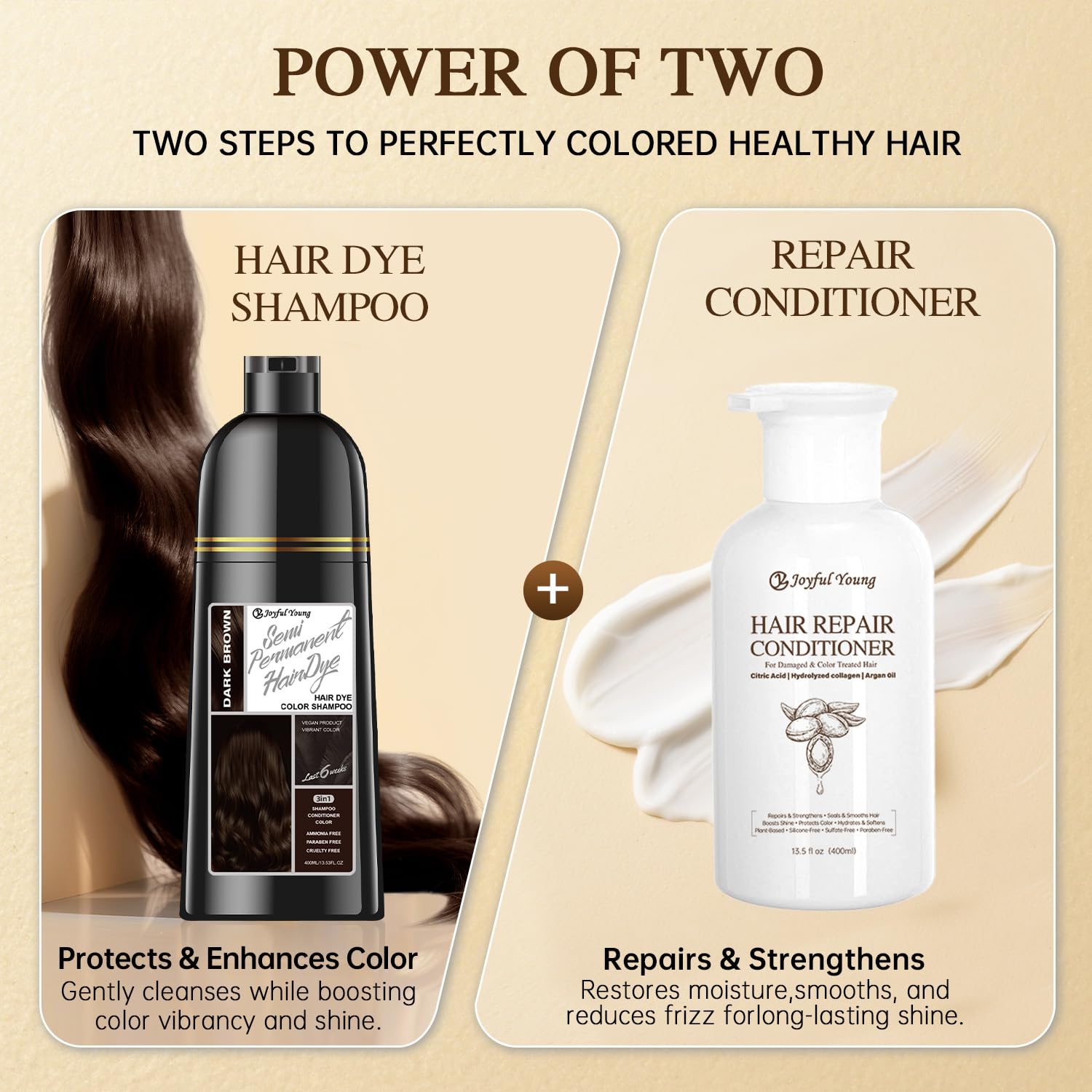 Joyful Young Hair Dye Shampoo 3-in-1, Dark Brown Semi-Permanent Gray Hair Coverage, Color Depositing Shampoo for Women & Men, Vegan, Ammonia-Free