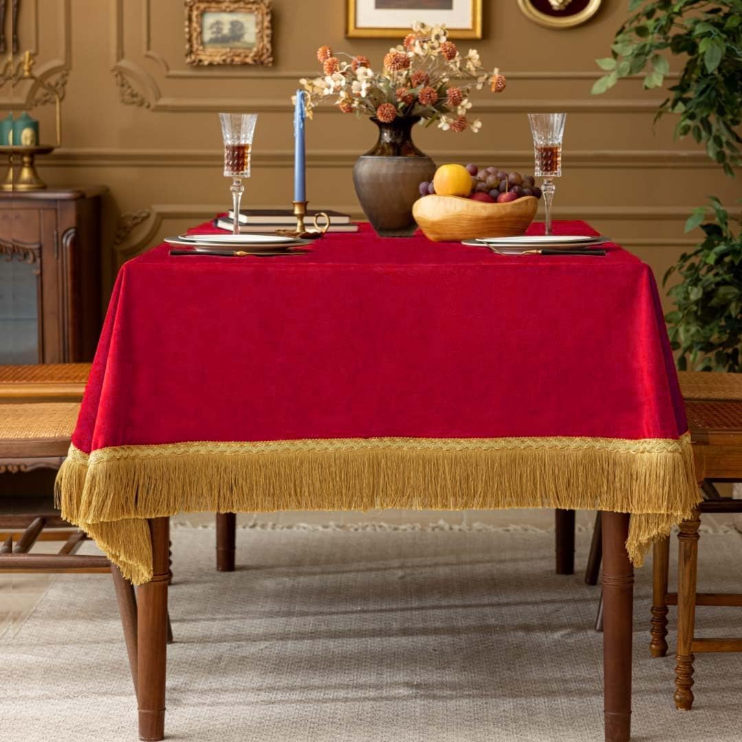 F-CHU Red Tablecloth Thickset Velvet Tablecloth with Beautiful Gold Tassels Vintage Table Cloth for Home Decor Wedding, Party, Banquet and Events 60x86-Inch
