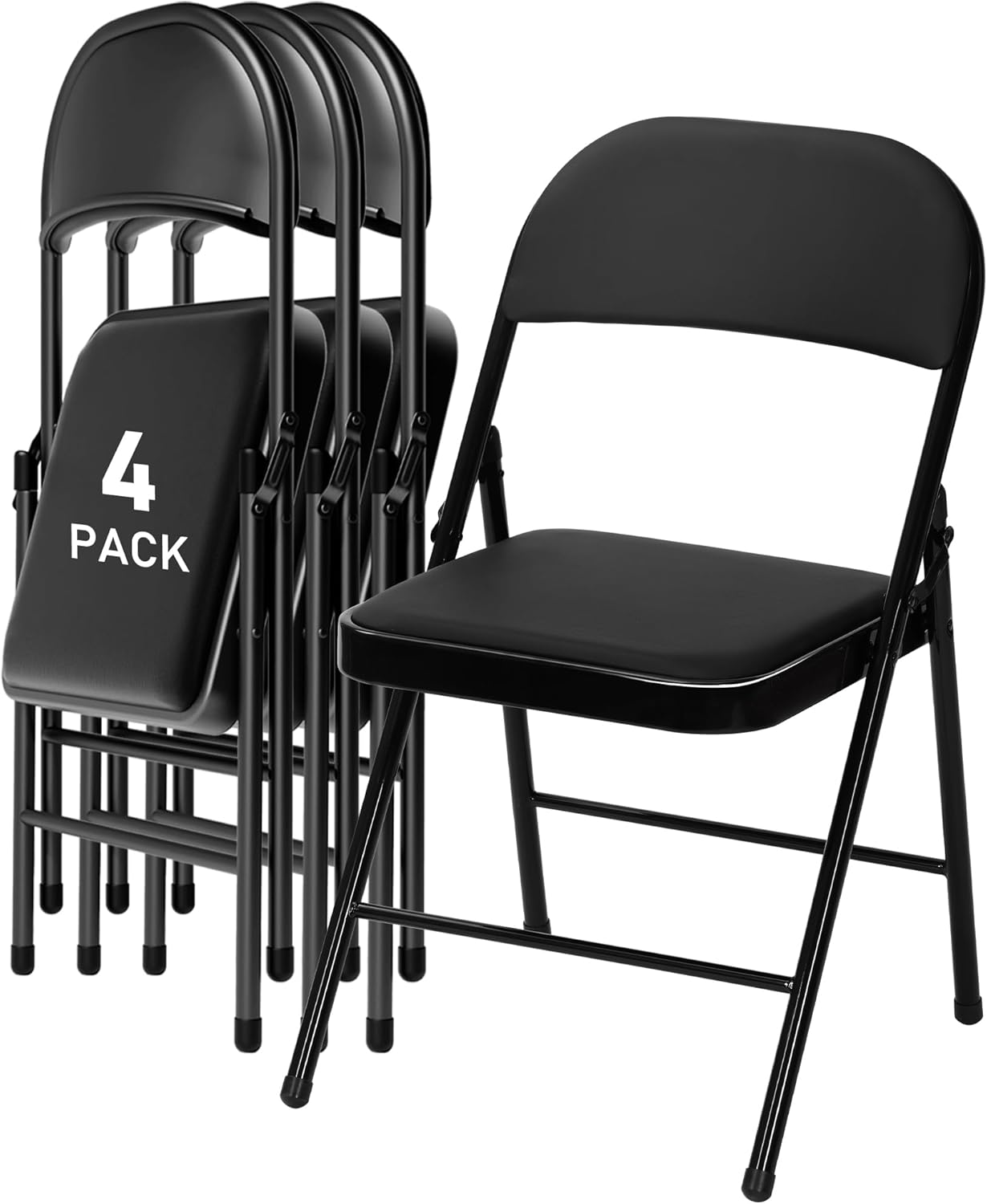 SEALAMB 4 Pack Folding Chairs with Cushion Seat, Heavy Duty Metal Frame Portable Stackable Chairs for Wedding Party Office School Church Events, Indoor Outdoor Use, 350 lb Capacity, Black