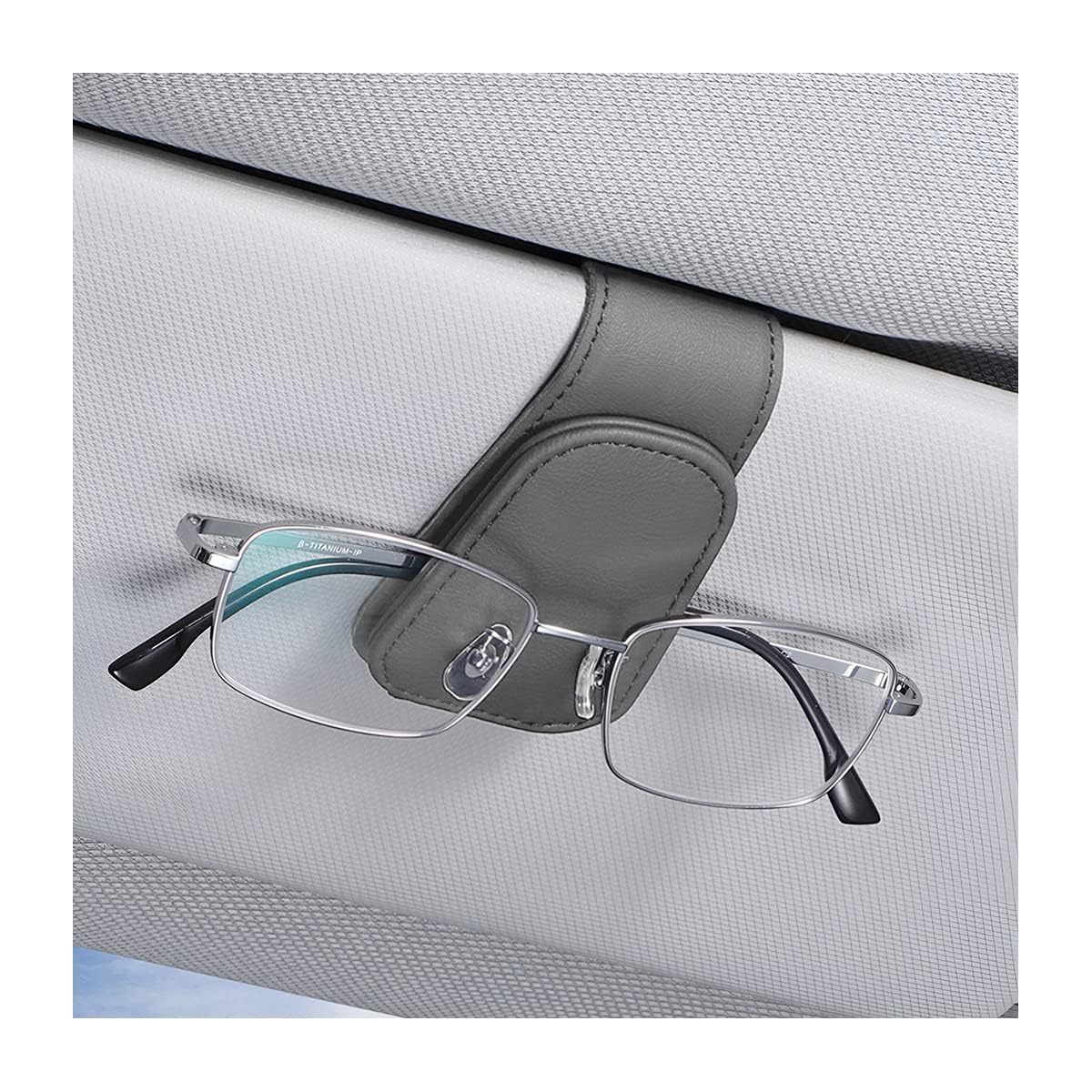 AICEL Sunglasses Holders for Car Sun Visor, Leather Magnetic Clip, Gray