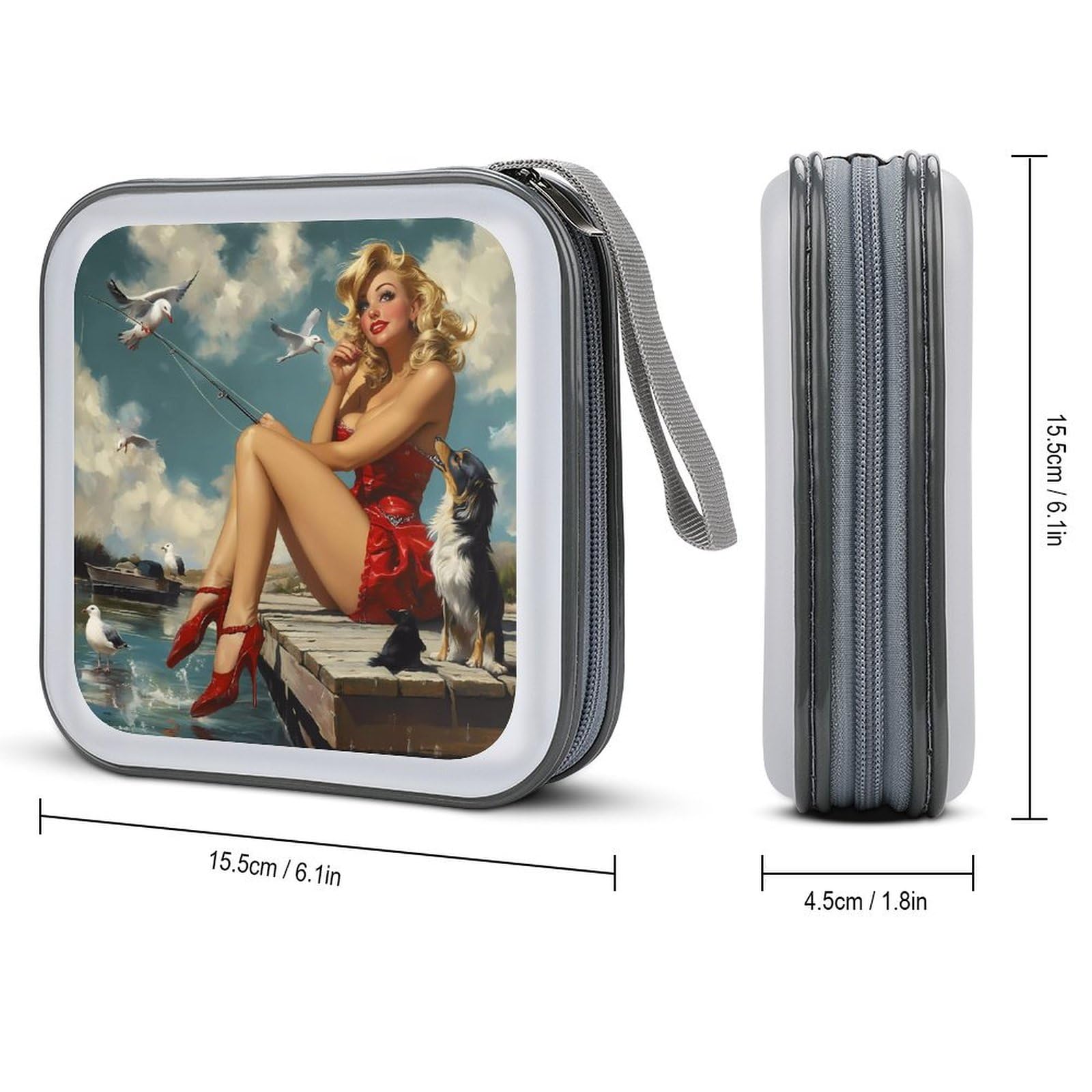 Pinup Girl with Fishing Pole CD Case Portable DVD Holder Storage Organizer for Home Travel