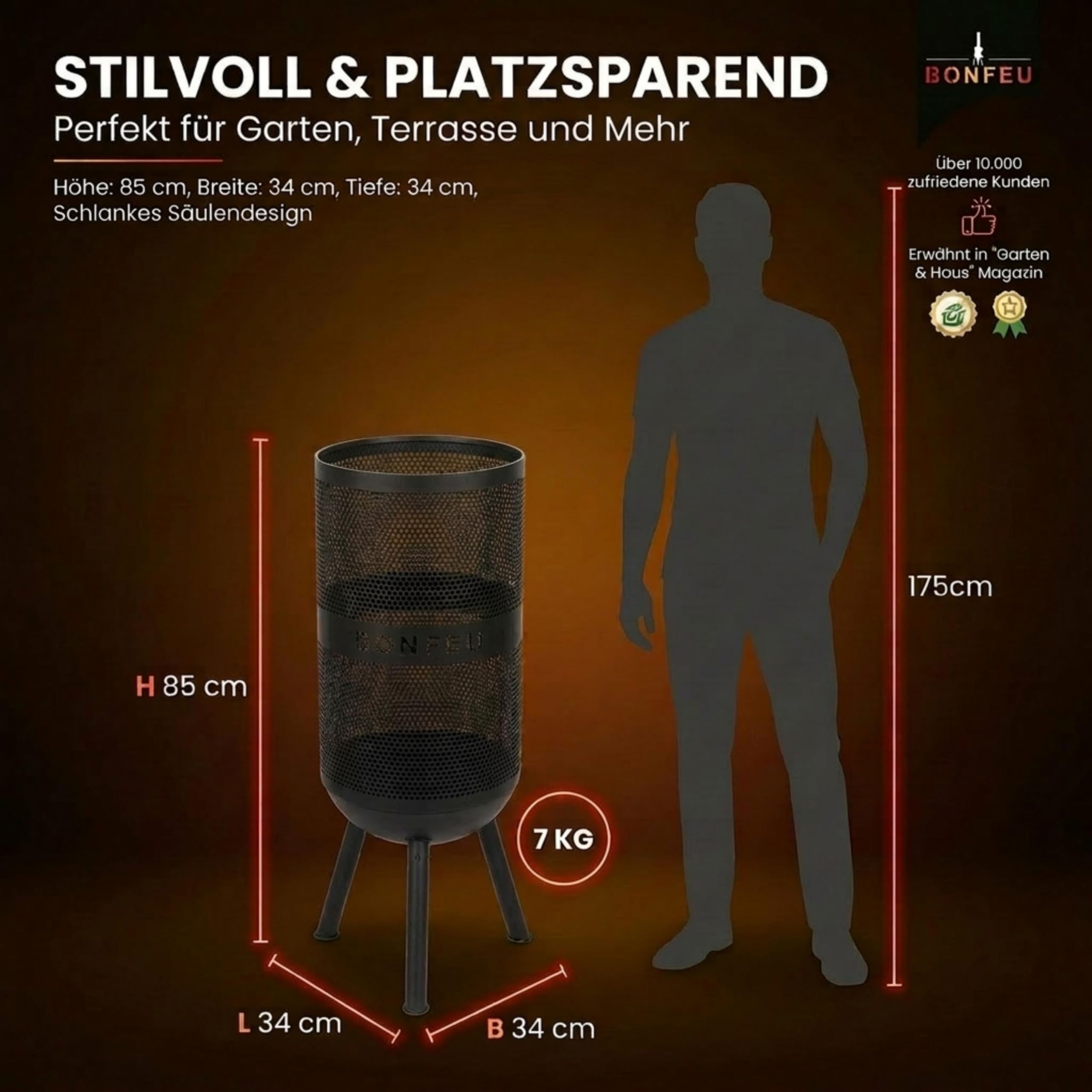 BonFeu Bonves Ø 34cm Schwarz - Feuerkorb für den Garten - Feuertonne & Feuerstelle - Feuerschale Feuerkorb aus stabilem Stahl - Mit Grillrost & Schürhaken zum Kochen - Feuerkorb mit Grillrost