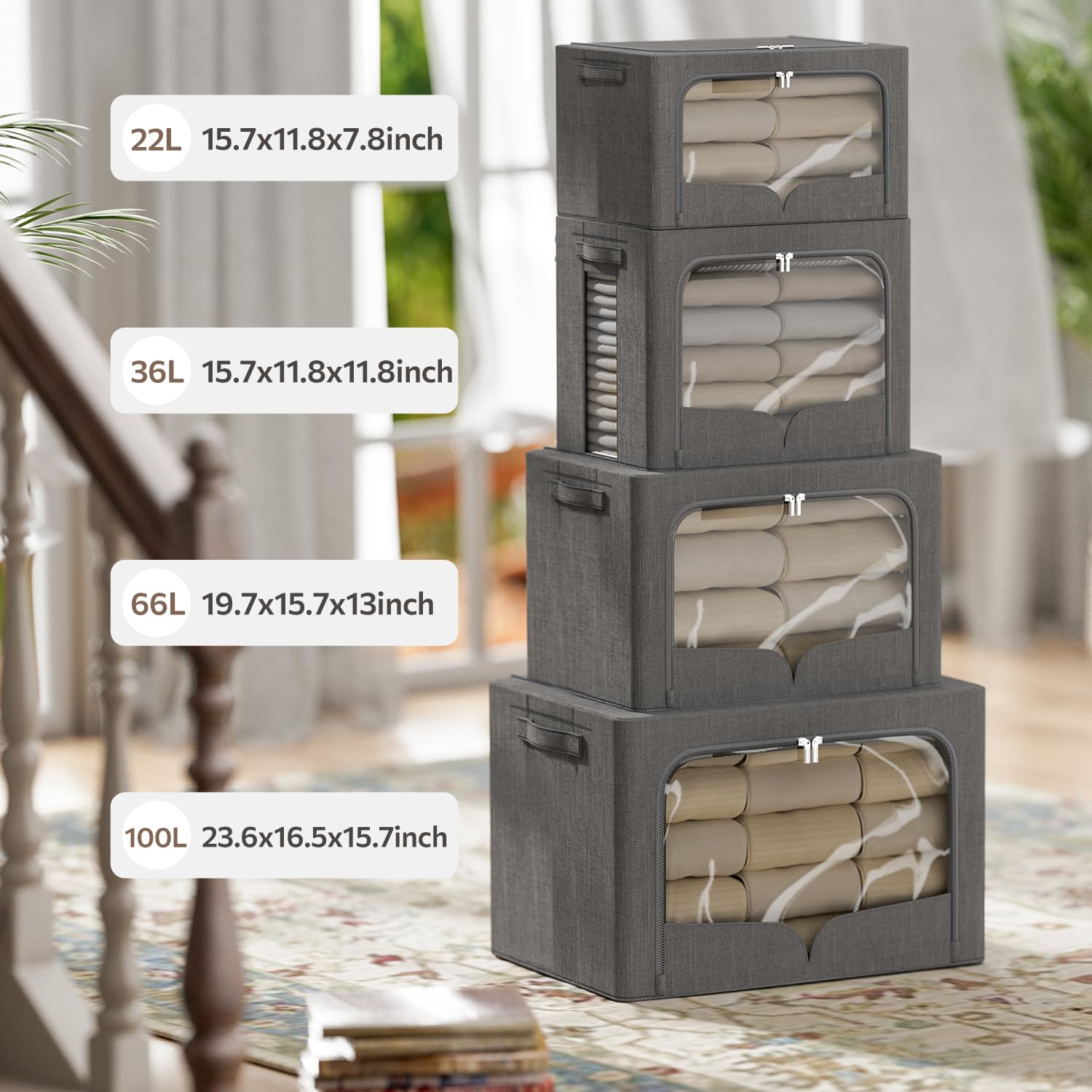Set di 3 contenitori per vestiti, pieghevole, con telaio in metallo, impilabile, in tessuto di lino, con maniglie per il trasporto e finestra trasparente (grigio scuro, 36 l, 39,9 x 30 x 30 cm (36 l))
