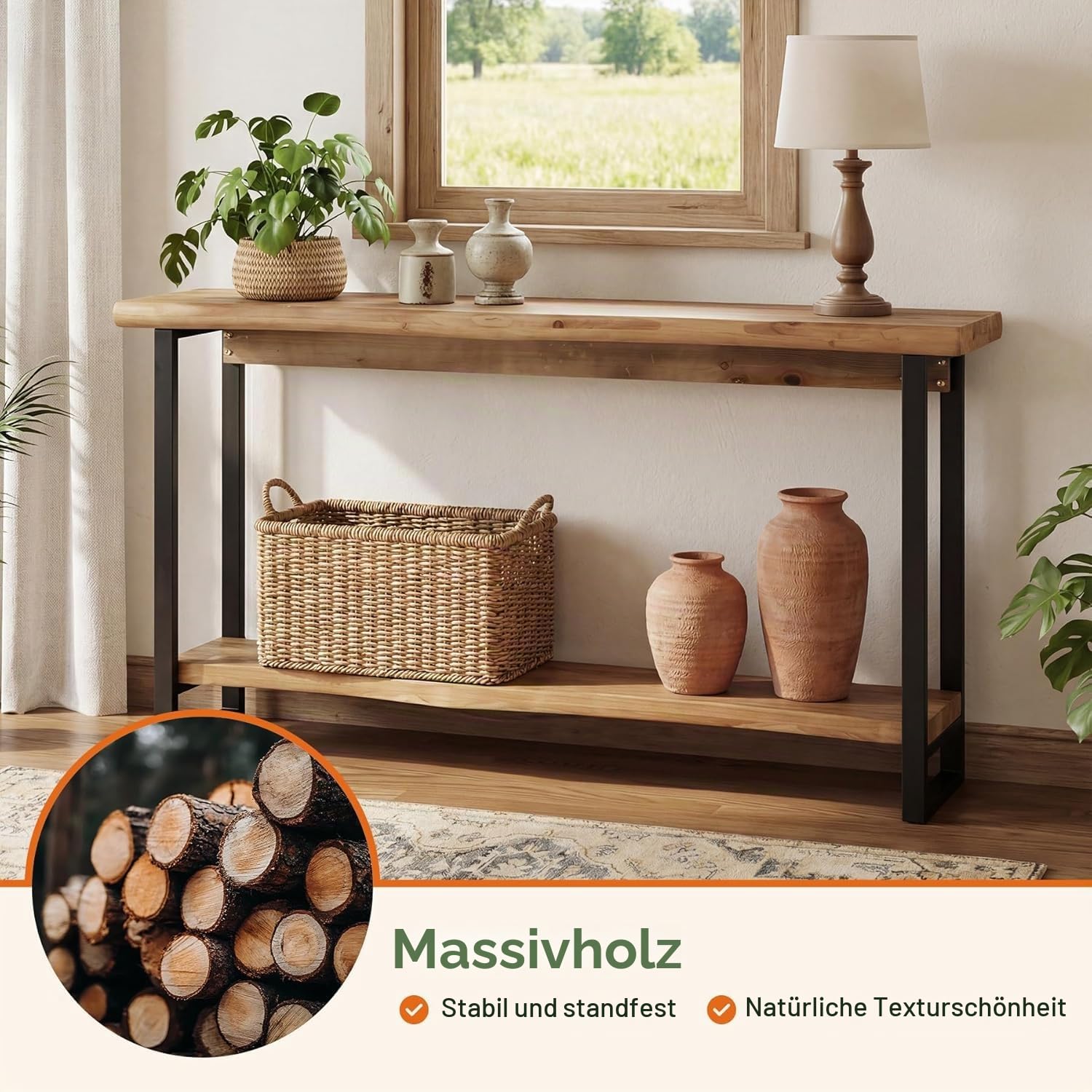 Massivholz Konsolentisch, 160cm Extra Langer Konsolentisch, 2 Stufiger Schmaler Bauernhaus Wohnzimmertisch für Eingangsbereich, Flur, Foyer, Rustikales Braun