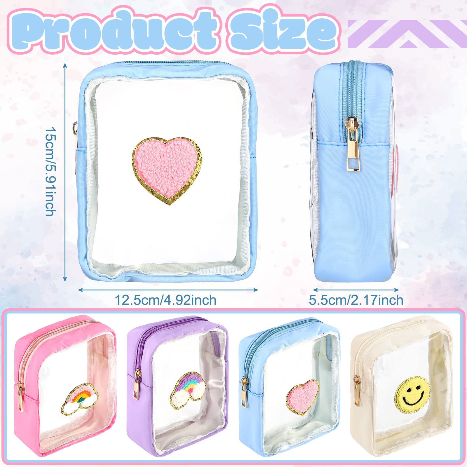 Spiareal 4 Pcs Preppy Patch Makeup Bag Cute Chenille Letter Pouch Cosmetic Toiletry Bag with Zipper Travel Organizer Stuff Skincare Cases for Women Nurse Graduation(Transparent Surface)