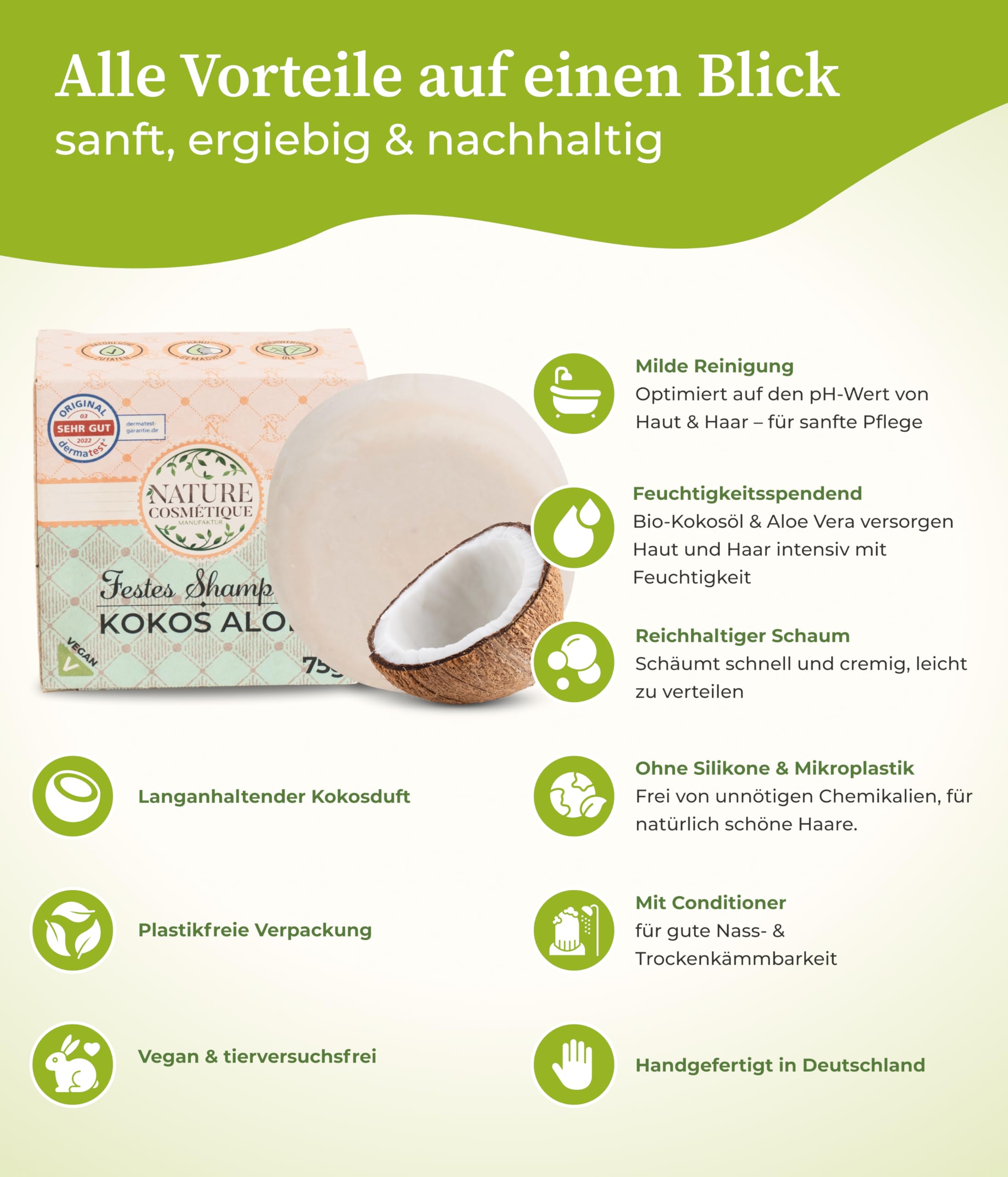Nature Cosmtique Festes Shampoo Kokos  Nachhaltige Pflege fr Haare &  Kopfhaut  Mit Bio-Kokosl, Aloe Vera & pflanzlichem Glycerin  Vegan,  plastikfrei & handgefertigt in Deutschland : Amazon.de: Kosmetik