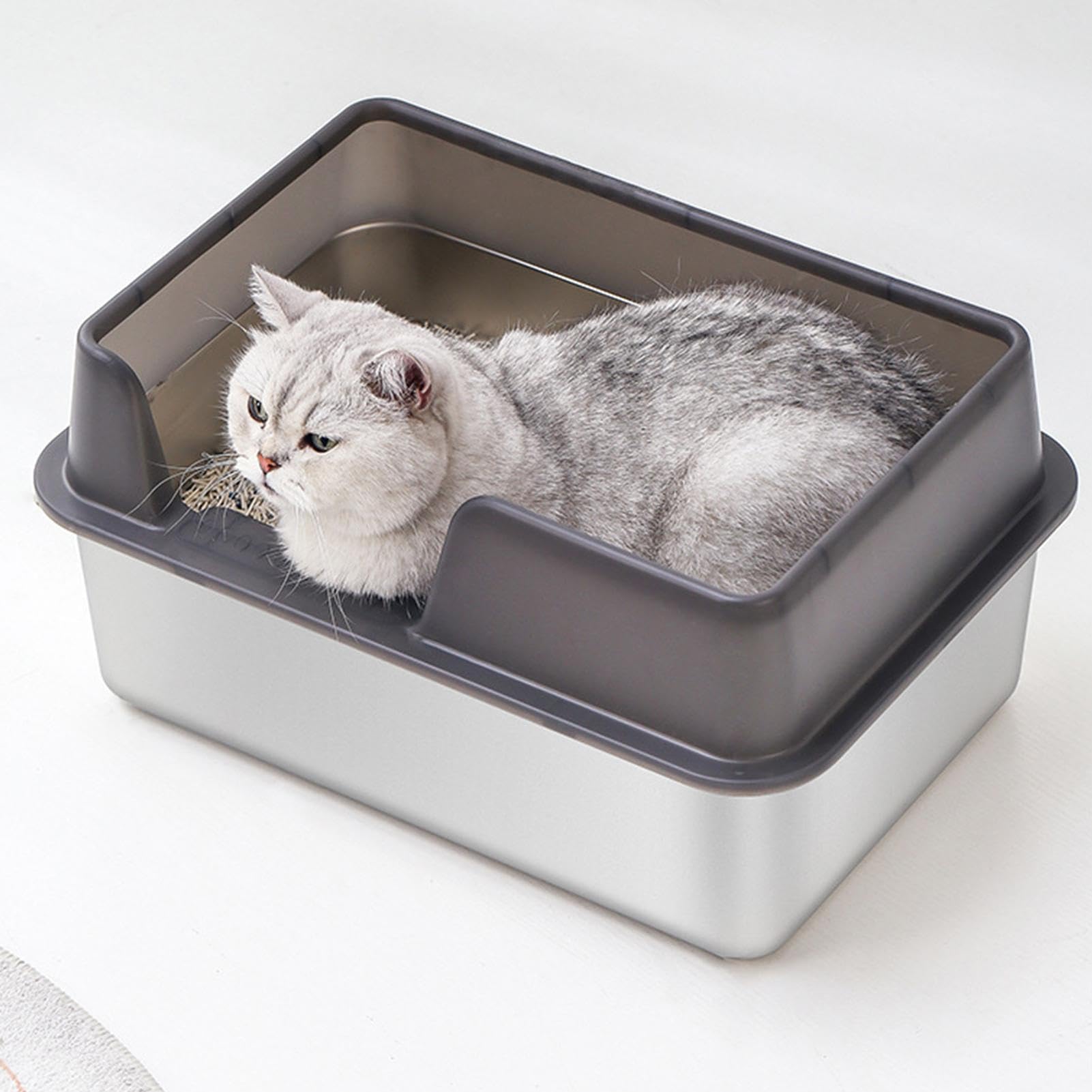 Lettiera per gatti grande, con apertura superiore, in acciaio inox, con lati alti e coperchio rimovibile, per gattini, conigli, furetti, porcellini d'