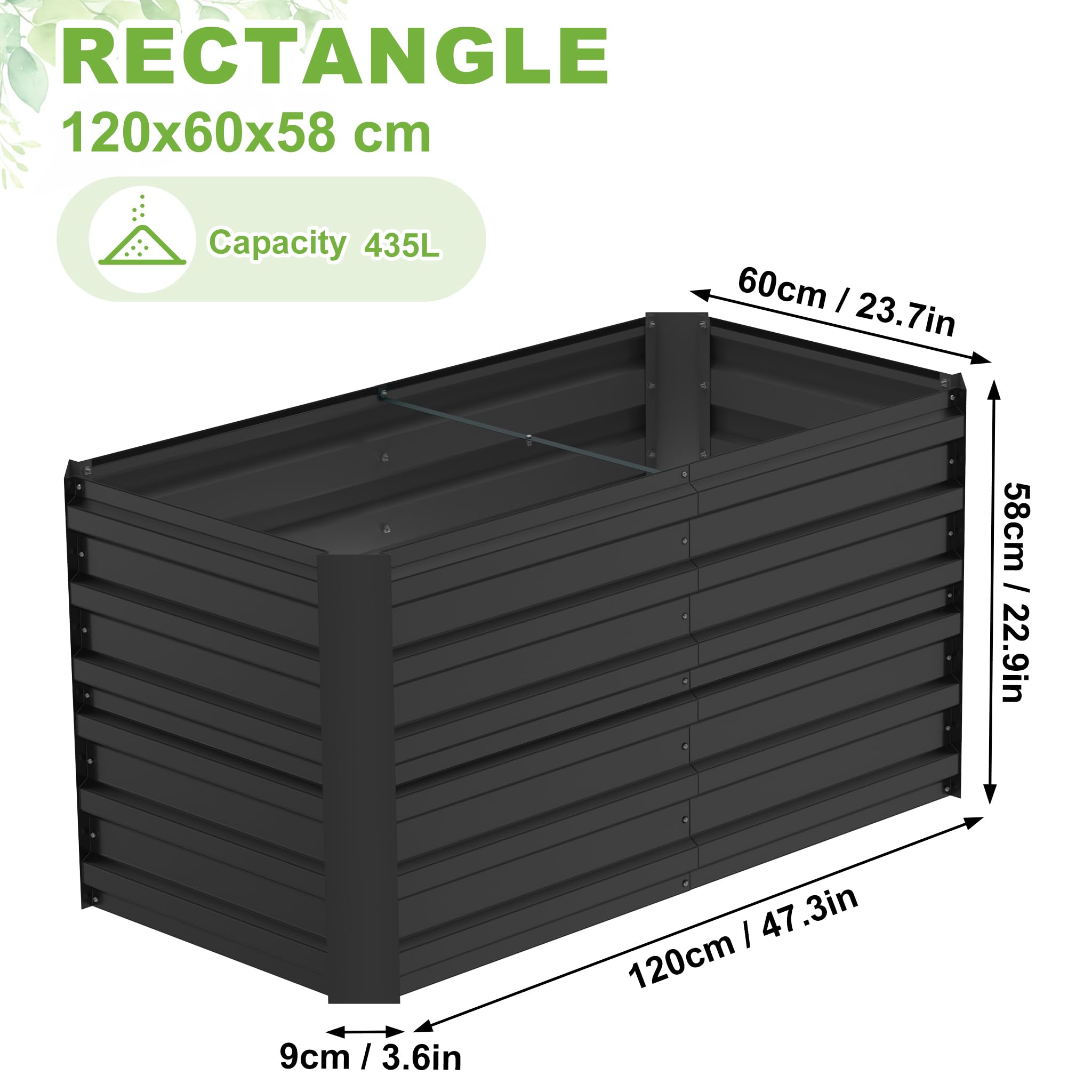 Hochbeet Verzinkter Stahl 120x60x58cm,Hochbeete-Kit für Garten, Terrasse & Balkon,Stabiler & Wetterfest Pflanzenbeet Mit Montagesatz -(S) Rechteck Schwarz(CA.435L)