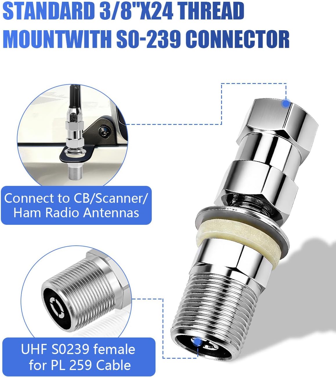 JL CB Radio Antenna Mount Bracket,Driver Side CB Antenna Mount with Standard 3/8 X 24 Threaded The Hood Side Holder Compatible with Jeep Wrangler JL JLU & Jeep Gladiator JT 2018-2023