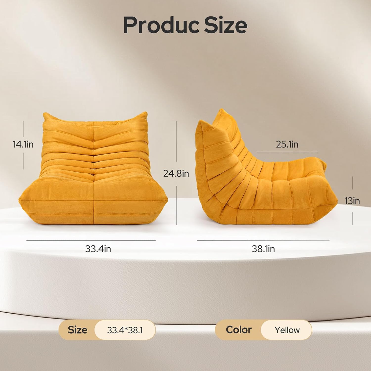 High-end Bean Bag Chair, Fireside Togo Chair with Yellow Suede Fabric Cover, Comfy & Soft Lazy Floor Lounge Sofa Counch for Bedroom, Living Room, Office or Lounger