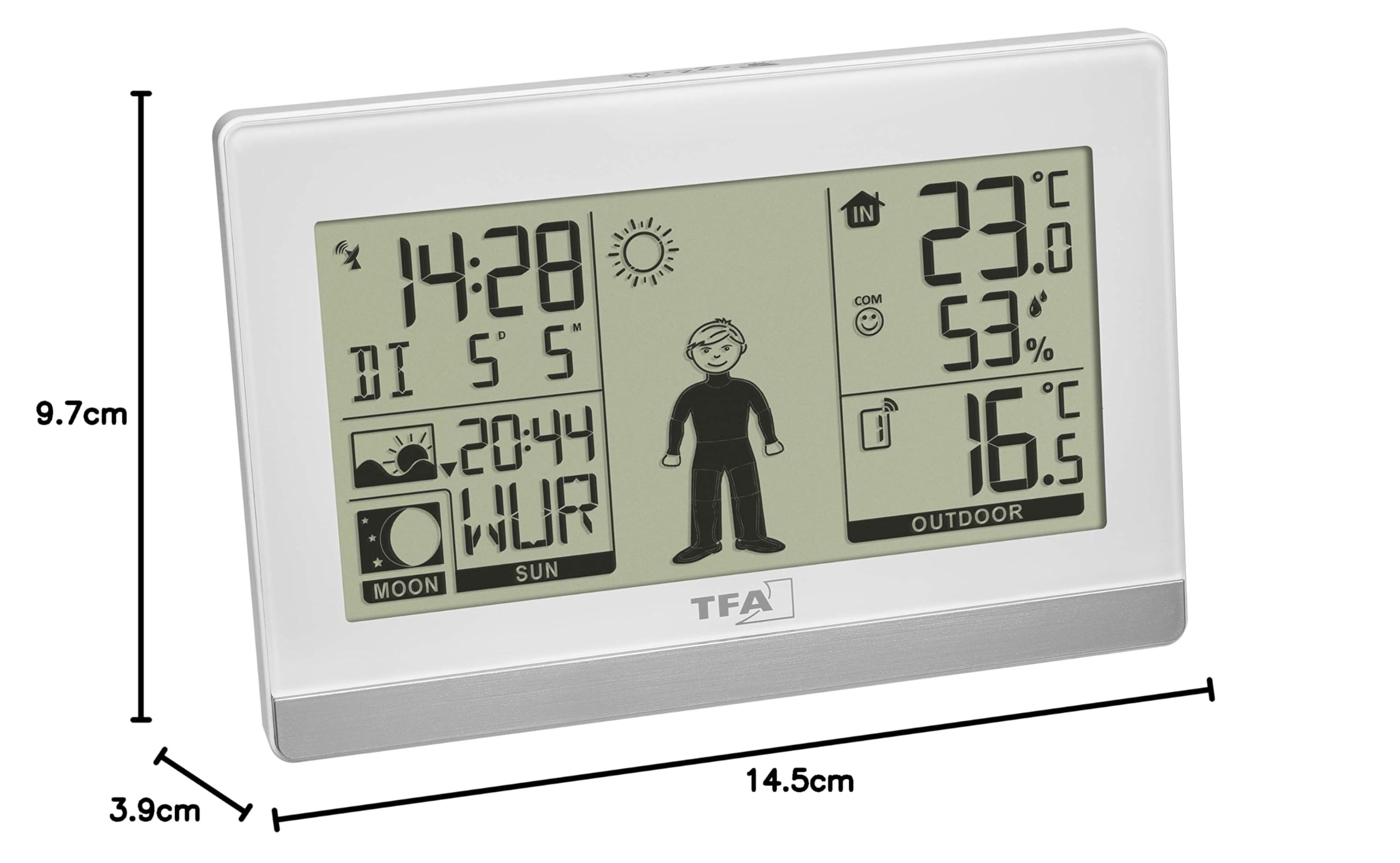 TFA Dostmann stazione radiocontrollata digitale Weather Boy, 35.1159.02, fase lunare, ora dell'alba/tramonto, temperatura e umidità, con sensore esterno, bianco