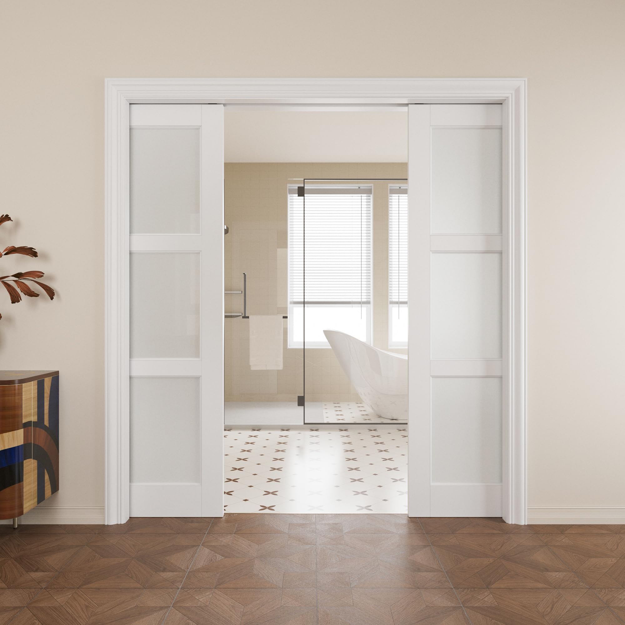 Pocket Door,3-Lite Frosted Glass Doors,Solid Door,64 x 80 Door