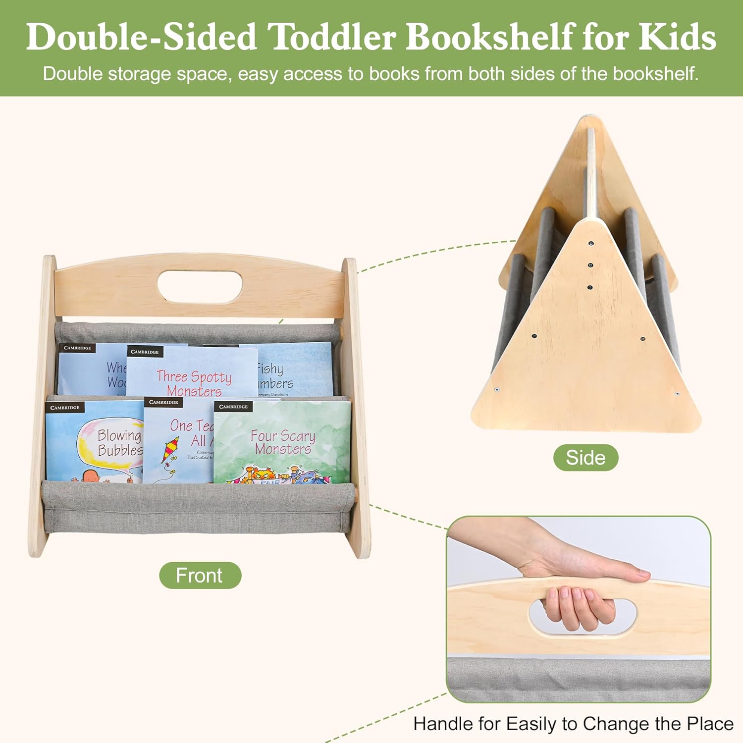 AZSKY Double-Sided Toddler Bookshelf for Kids, Montessori Bookshelf to Display Books, Sling Book Rack Organizer, Playroom Classroom Nursery Book Shelves, Wooden Kid Bookcase for Baby Girl Boy（Grey）