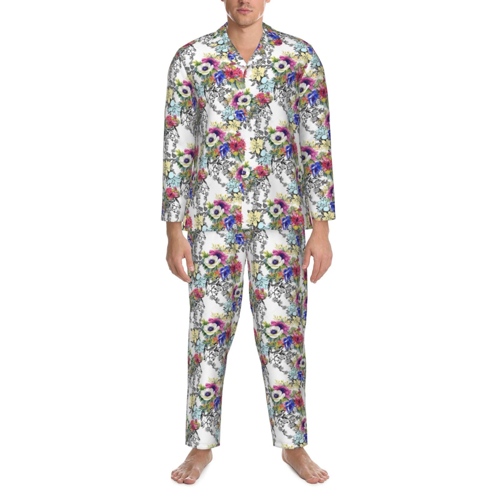 Giardino Fioritura Fiori di campo Uccelli Foglie Rami Stampa Uomo Manica Lunga Pigiama Set Pigiameria Due Pezzi Casa Viaggio Outfit Lounge Pantaloni