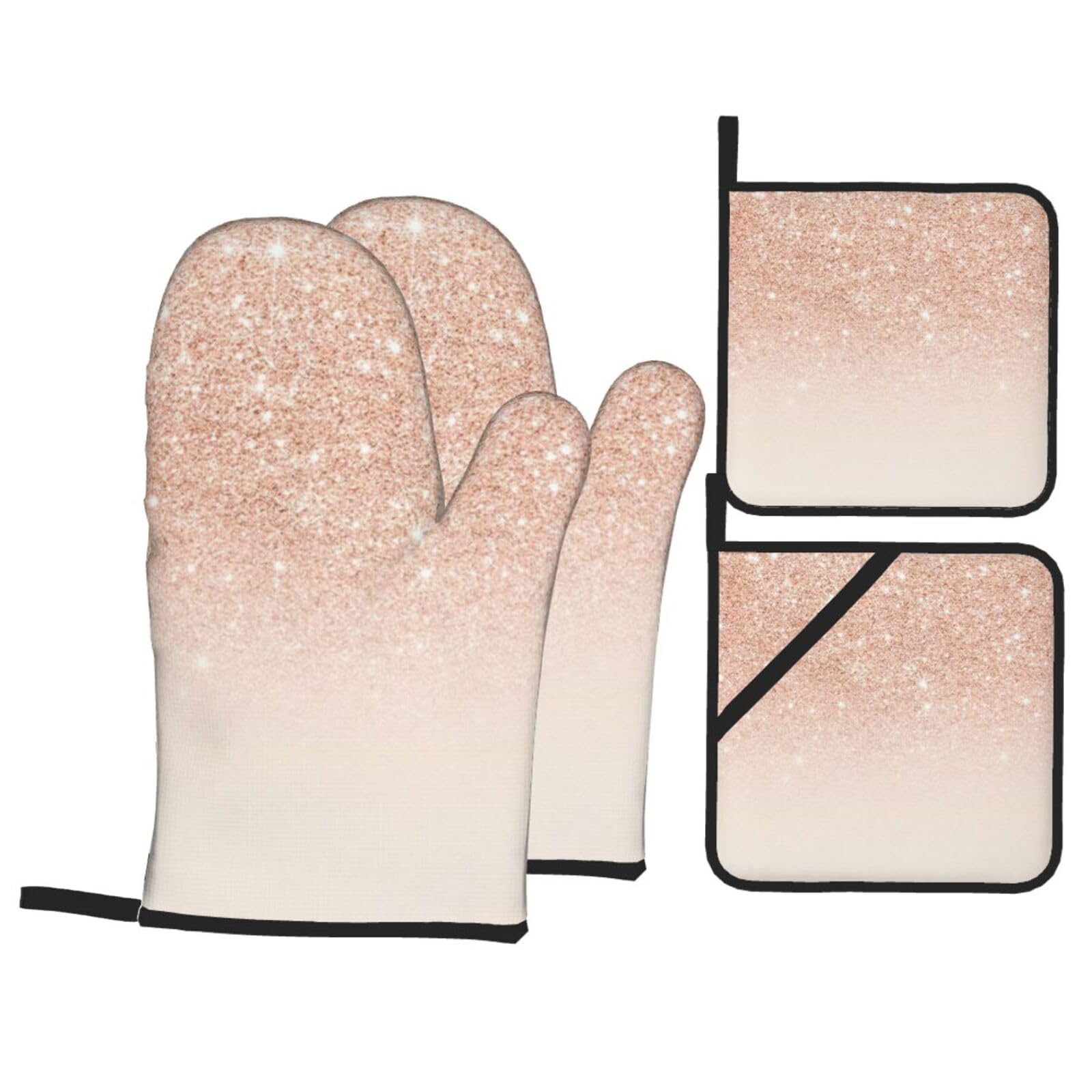 Rose Gold Faux Glitter Print Stylish Heat-Resistant Oven 4-Piece Set Kitchen Gloves Roasting Daily Cooking