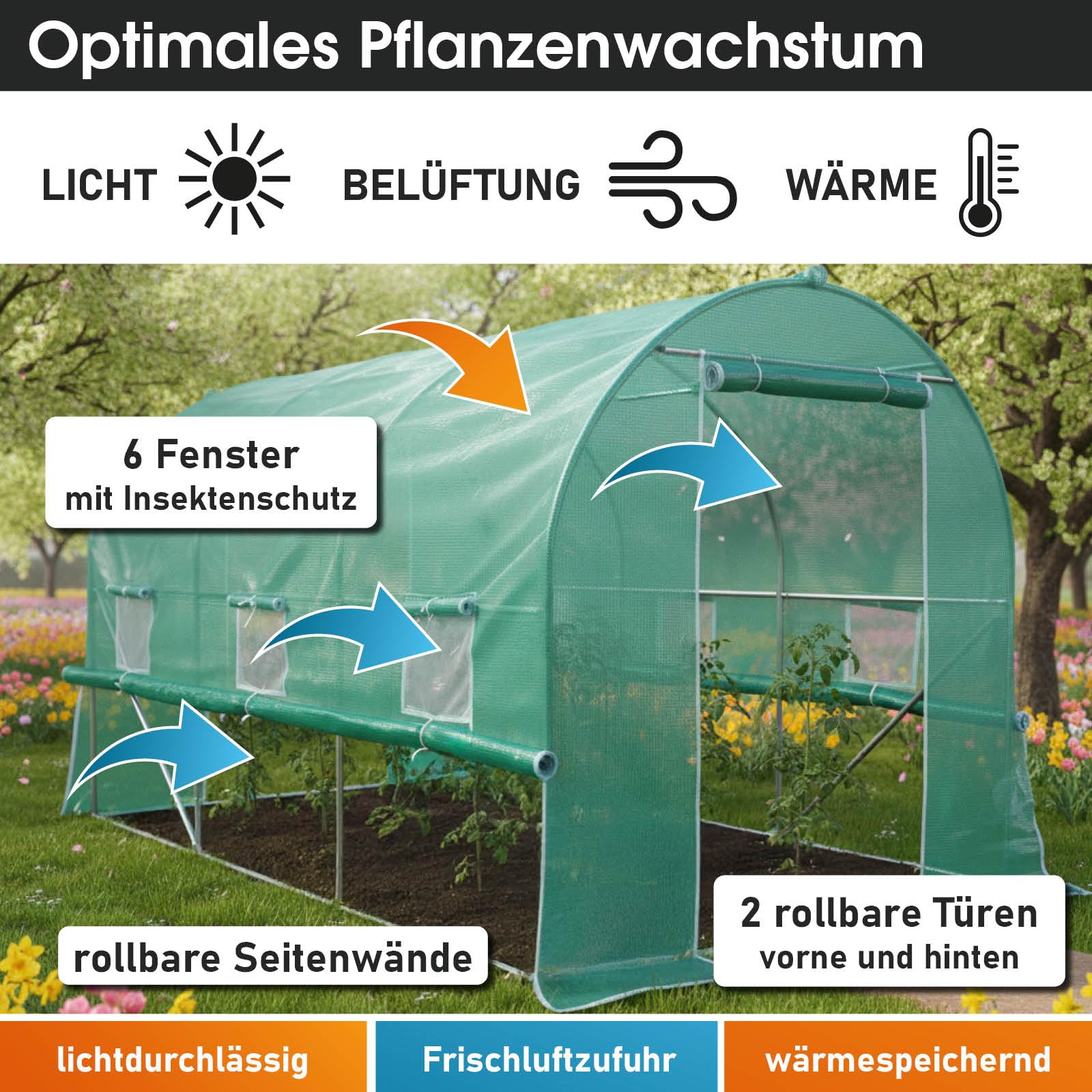 BRAST Gewächshaus Foliengewächshaus mit Stahlfundament | 2x3m - 3x8m | inkl. Erdanker Unkrautvlies & aufrollbare Seitenwände mit Moskitonetz | UV-stabilisierte Gitterschutzfolie 200g/m² | 200x300cm