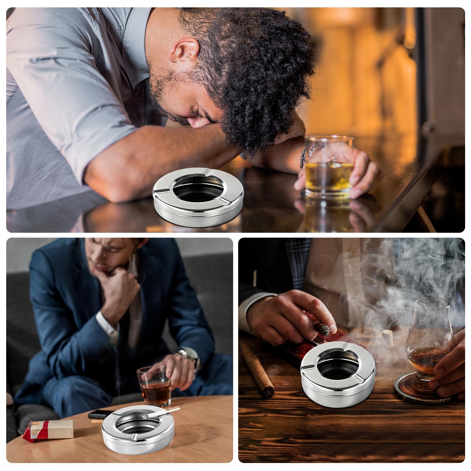 Cenicero de acero inoxidable de 10 cm con tapa Cenicero de mesa moderno tipo viento al aire libre oficina en casa fiesta balcón al aire libre para protección contra cenizas volantes 6 piezas