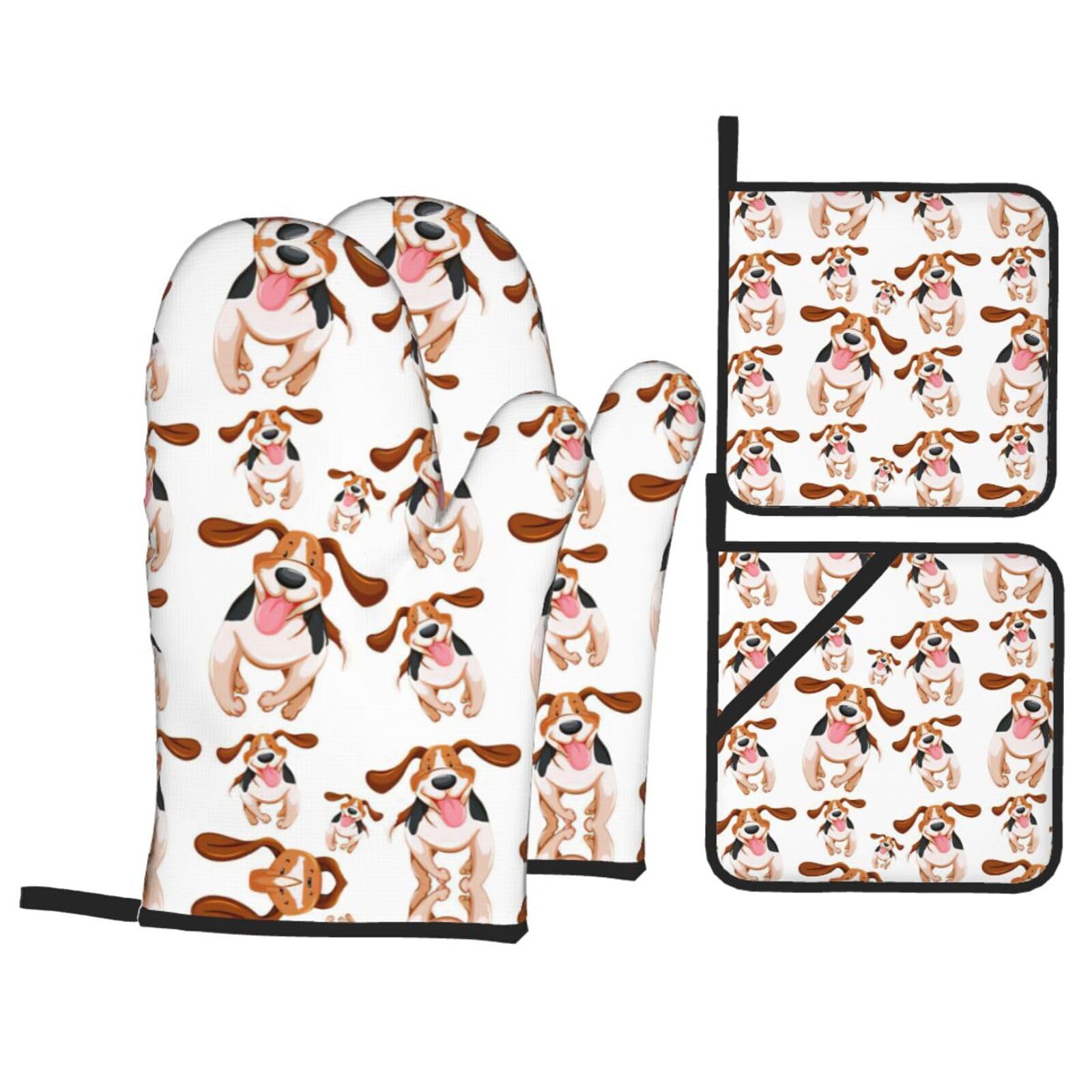 Cartoon pug Print Stylish 4-Piece Microwaving Oven Waterproof Kitchen Gloves Baking Holiday Cooking